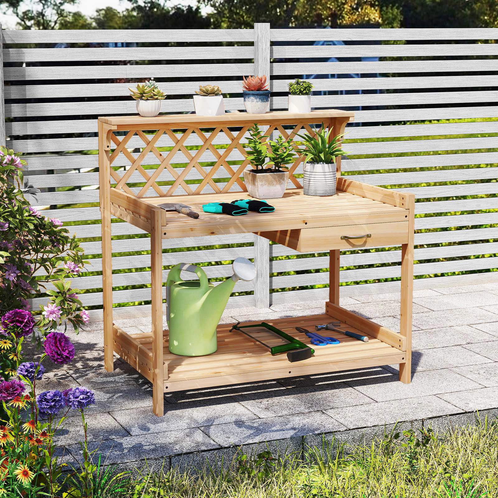 LJG Garden Potting Bench Table Wooden Planting Workstation with Lattice Trellis