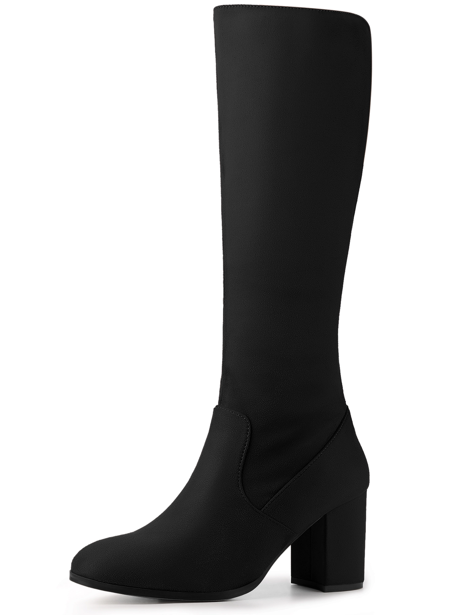 BLISSFUL STEP Women Faux Suede Round Toe Chunky Heel Knee High Side Zipper Boots