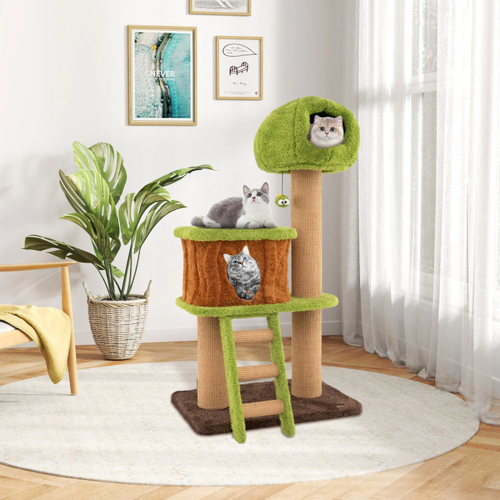 SUGIFT Green 56 in Mushroom Nest Condo and Climbing Ladder Cute Cat Tree