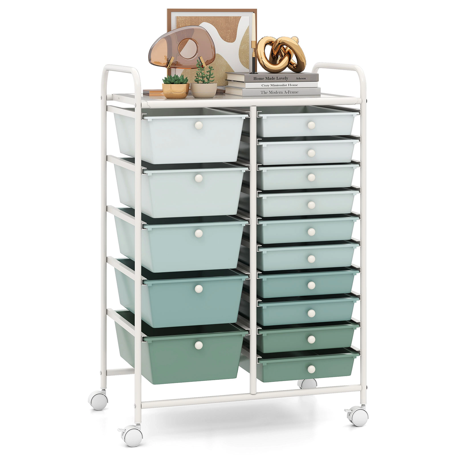 SUGIFT 15-Drawer Rolling Utility Storage Cart with Plastic Drawers 22-lb Top Capacity Lime Green