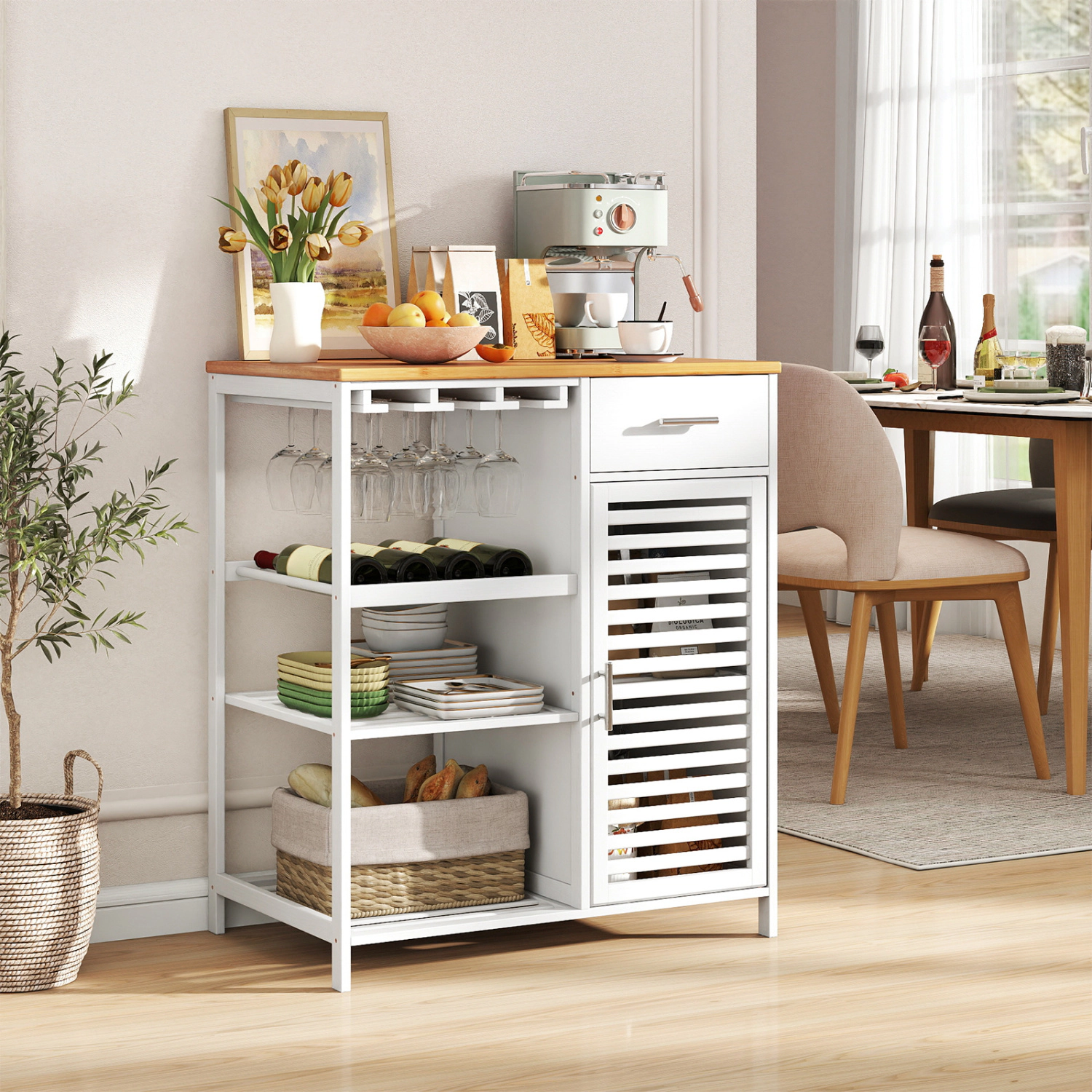 LJG Coffee Bar Cabinet with Glass Holder Wine Rack and Bamboo Top