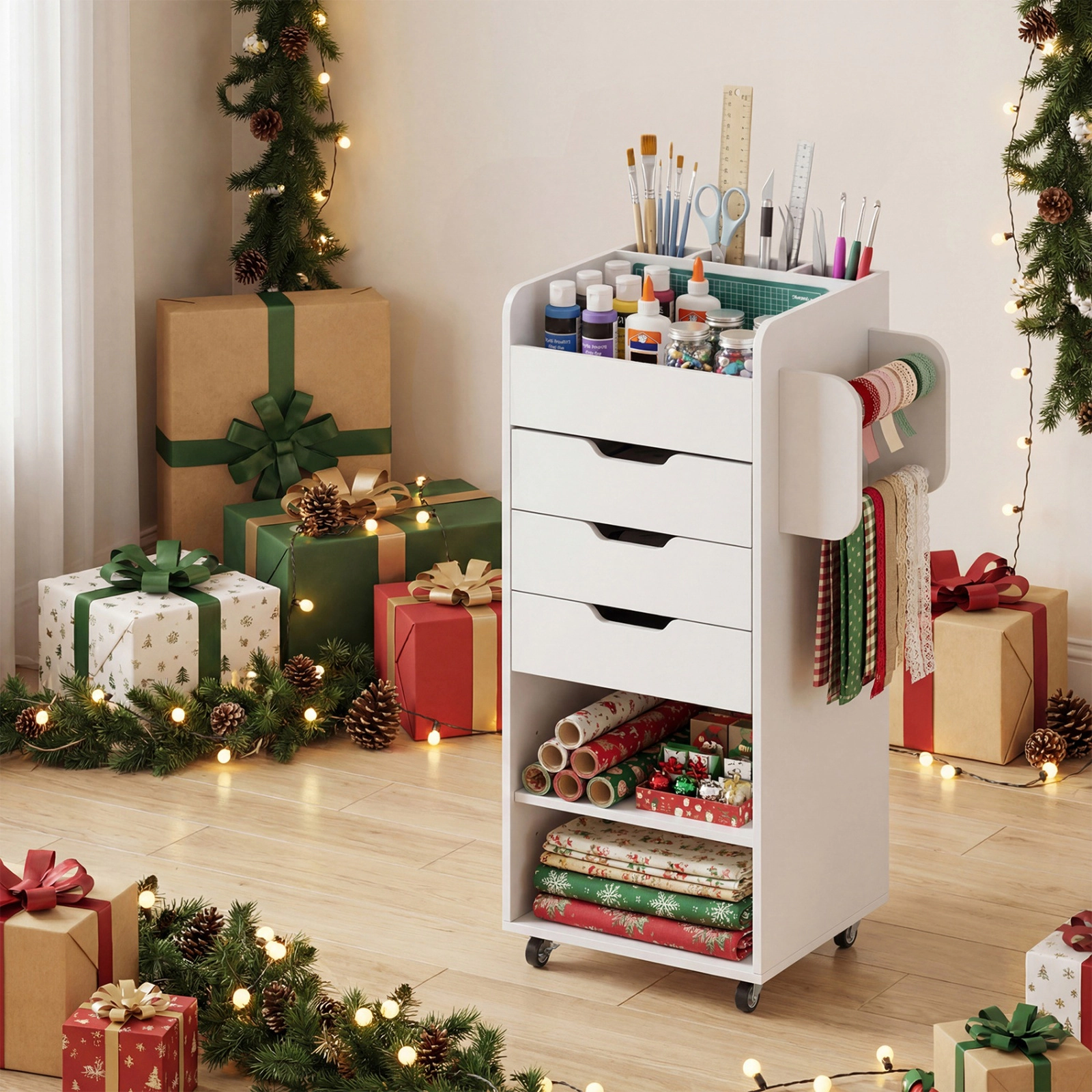 SUGIFT Utility Trolley Wrapping Paper Storage Cart 3 Drawers & Open Shelves 22-lb Countertop Capacity Rustic Brown/White