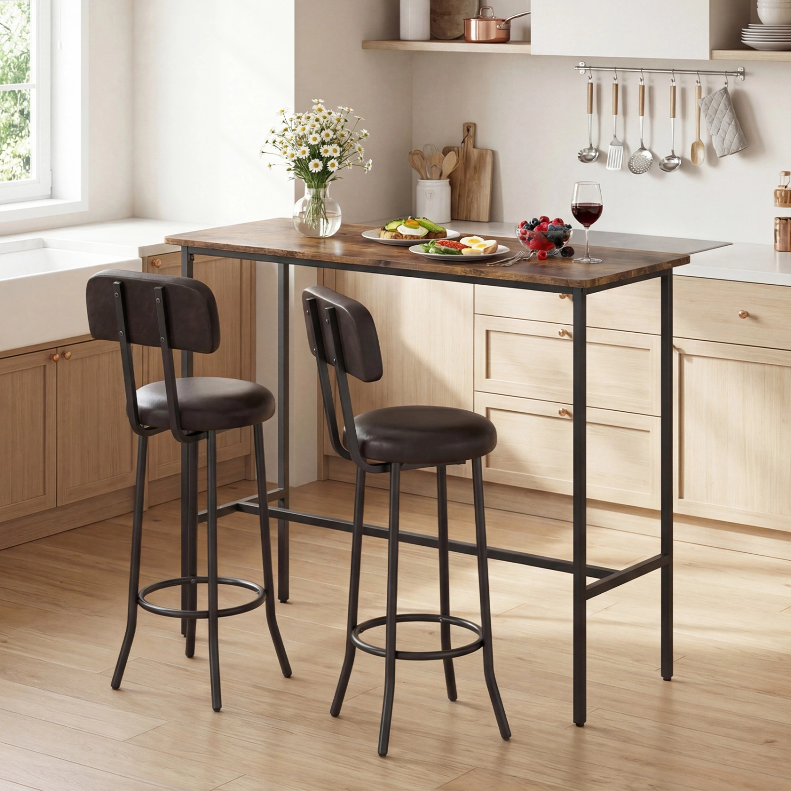 SUGIFT Industrial Bar Dining Set with 2 Upholstered Stools 220-lb Table 400-lb Chairs Rustic Brown + Black