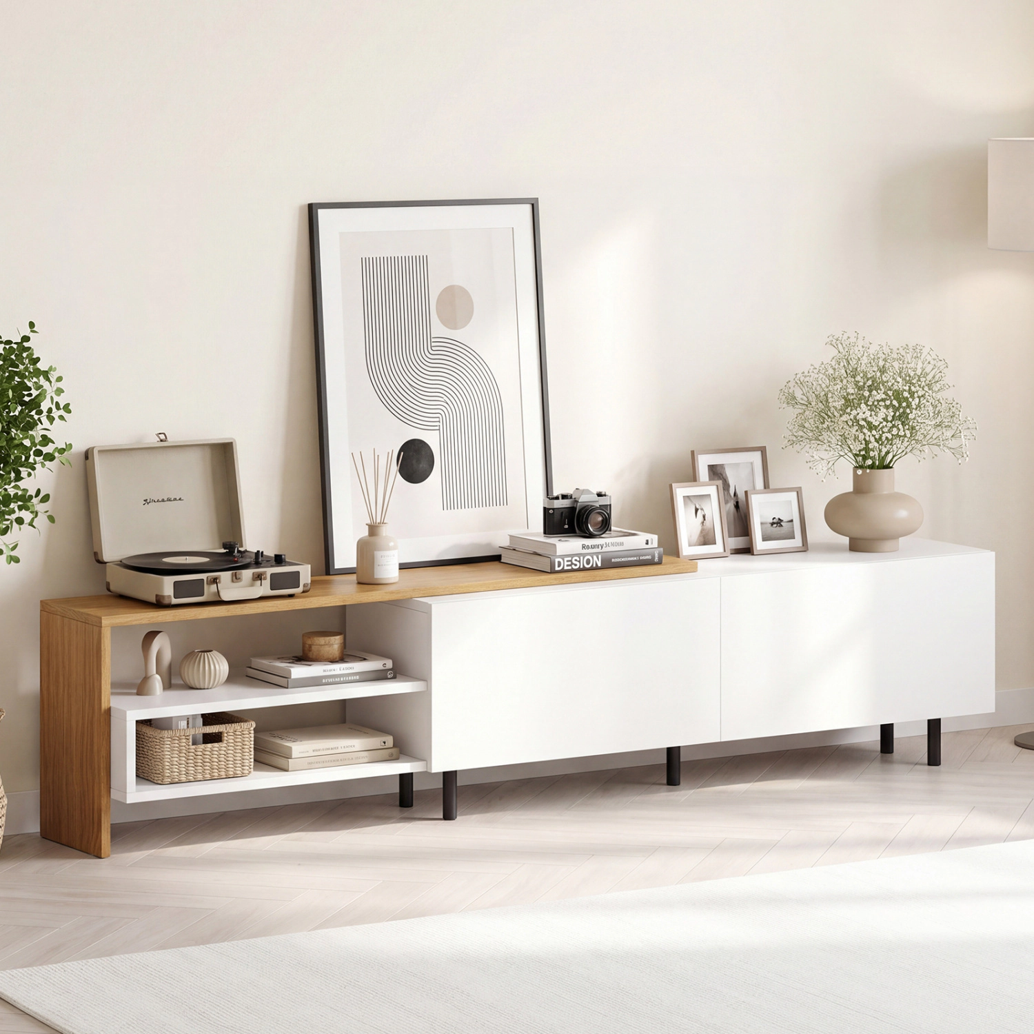 Glintex 71.5-Inch TV Stand with 2 Cabinets and 2-Tier Open Shelving, White & Natural