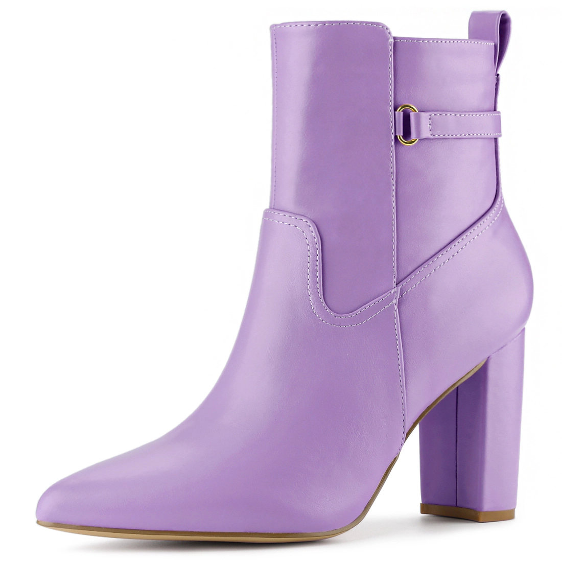 BLISSFUL STEP Women Faux Leather Pointed Toe Chunky High Heels Ankle Booties