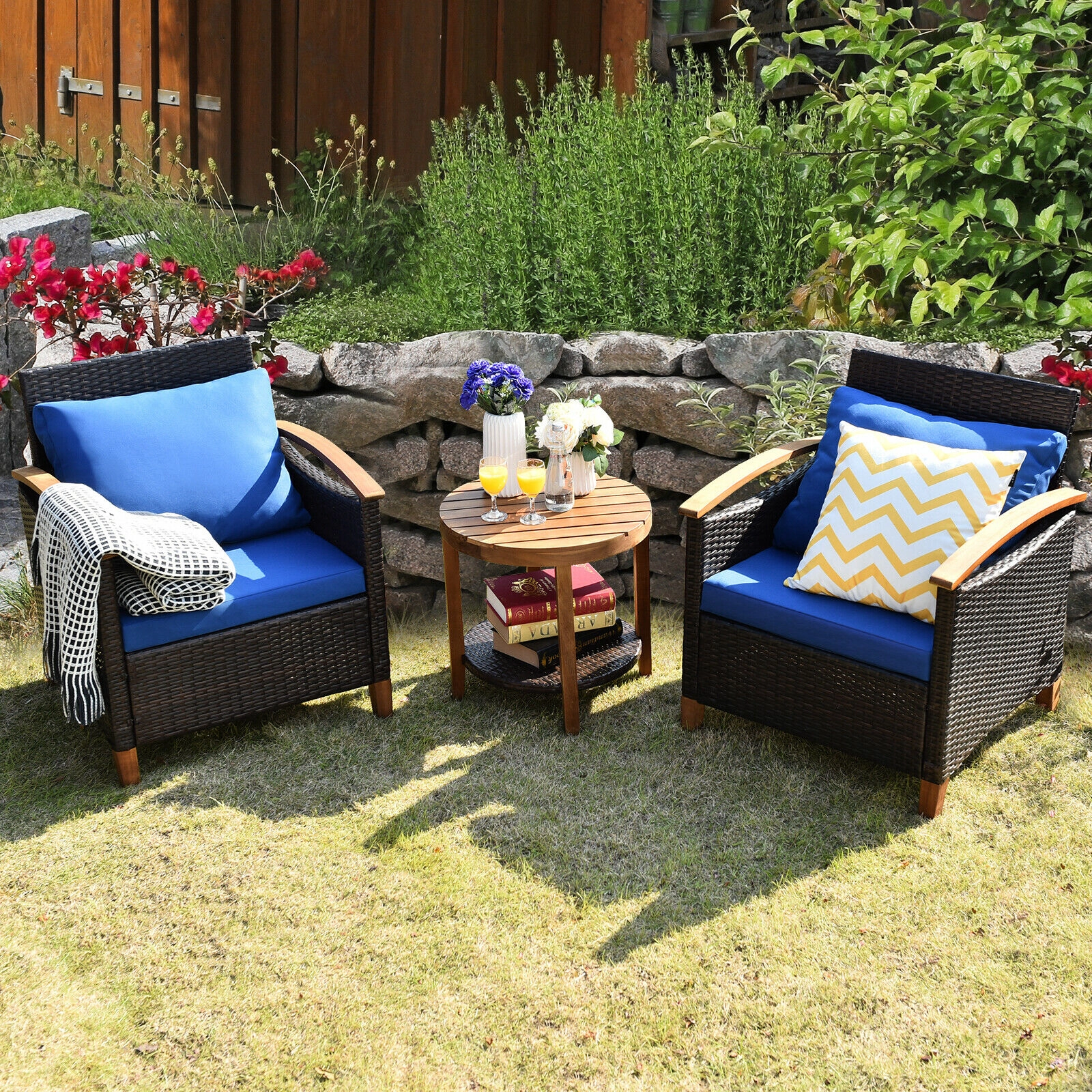 SUGIFT Blue Acacia Wood Tabletop and Washable Cushions 3-Piece Patio Rattan Chair Set