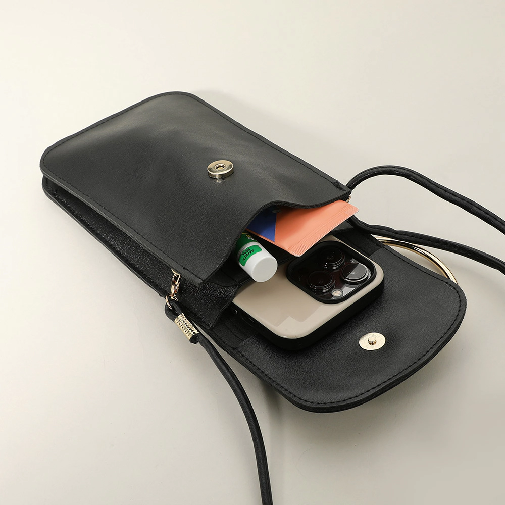 FASHNZFAB Metal Ring Handle Faux Leather Mini Phone Pouch Clutch Bag / Crossbody Bag