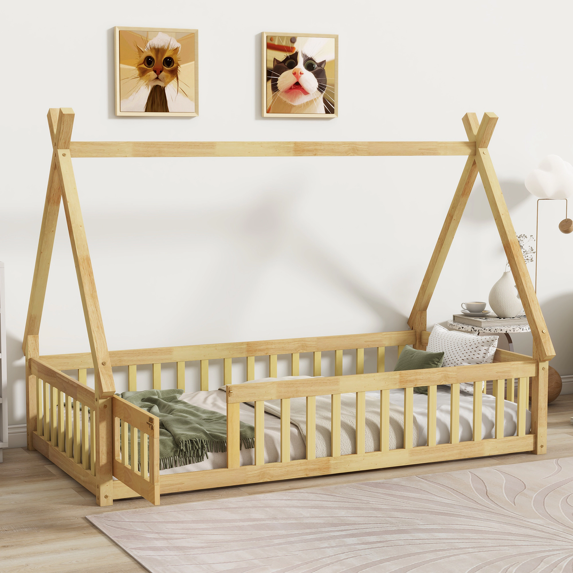 Tinyhomie Twin Tentshaped Floor Bed Teepee with Guardrails Slats and Door Natural