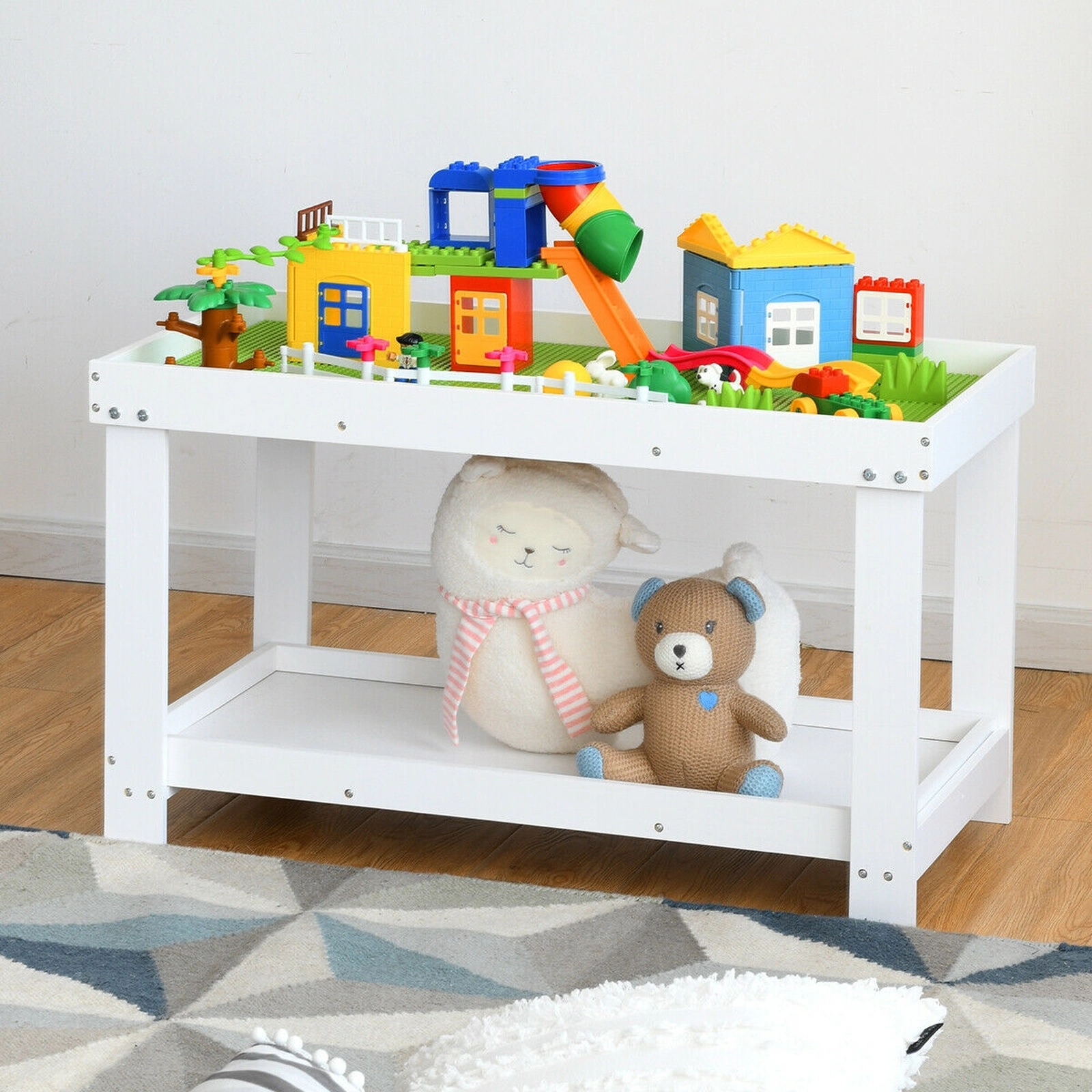SUGIFT Kids Activity Table, White Solid Pine, 32.5 x 17 in, Removable Shelf