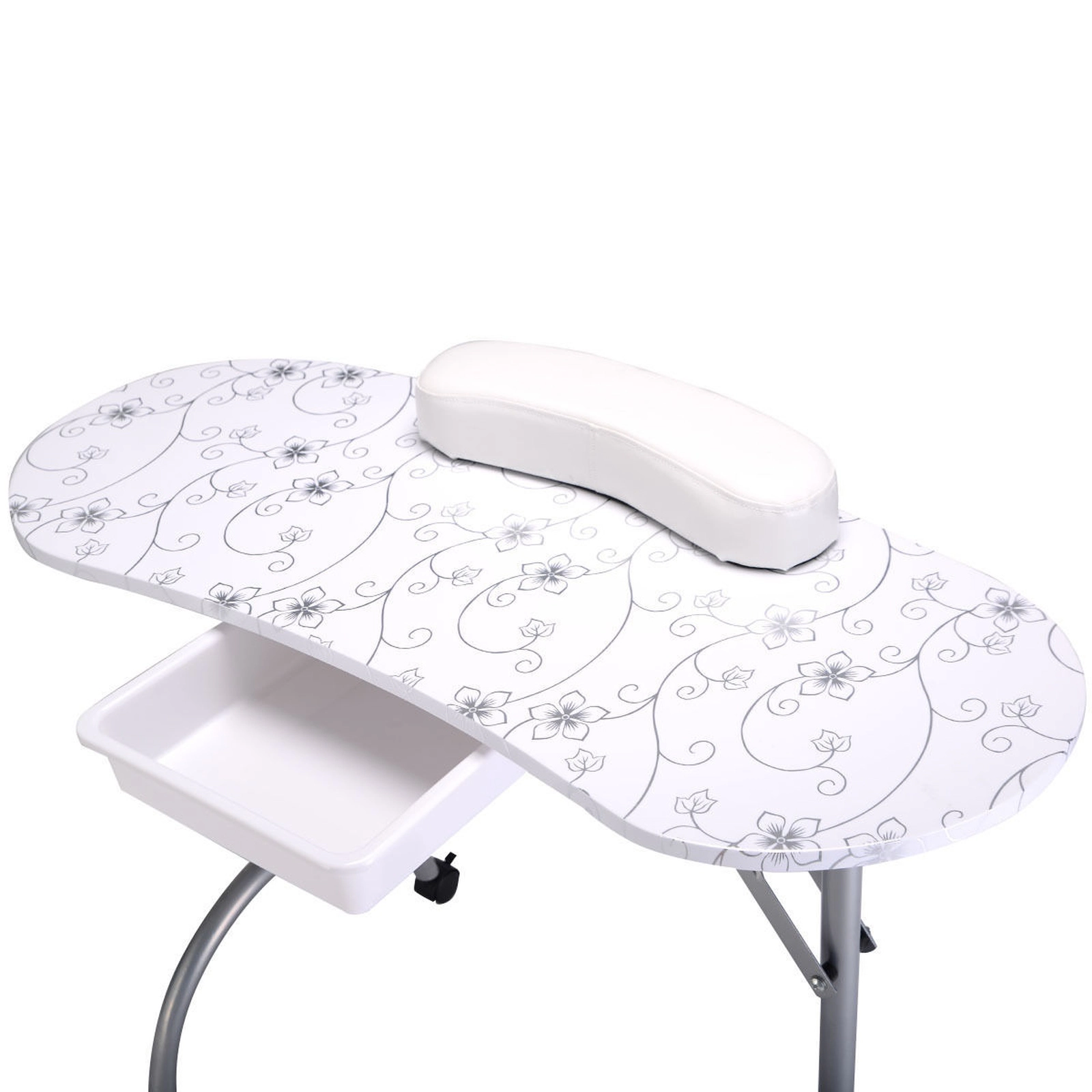 SUGIFT Folding Legs Carry Bag Wrist Rest Drawer 4 Lockable Casters Manicure Nail Desk 35.5-in x 14.5-in x 27-in White