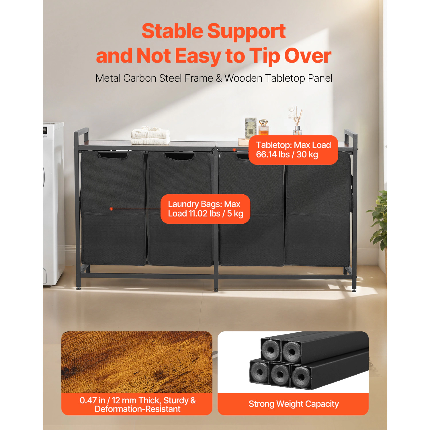 HONGGE 4-Section Laundry Sorter Hamper with Wood Tabletop, Metal Frame & Pull-Out 600D Oxford Fabric Bags