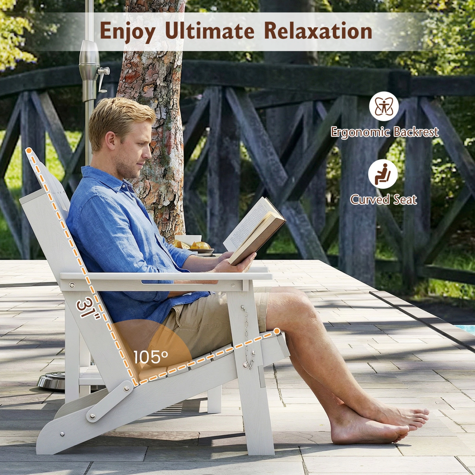 SUGIFT 400-lb Capacity Weather Resistant HDPE Folding Adirondack Chair with High Backrest and Cup Holder