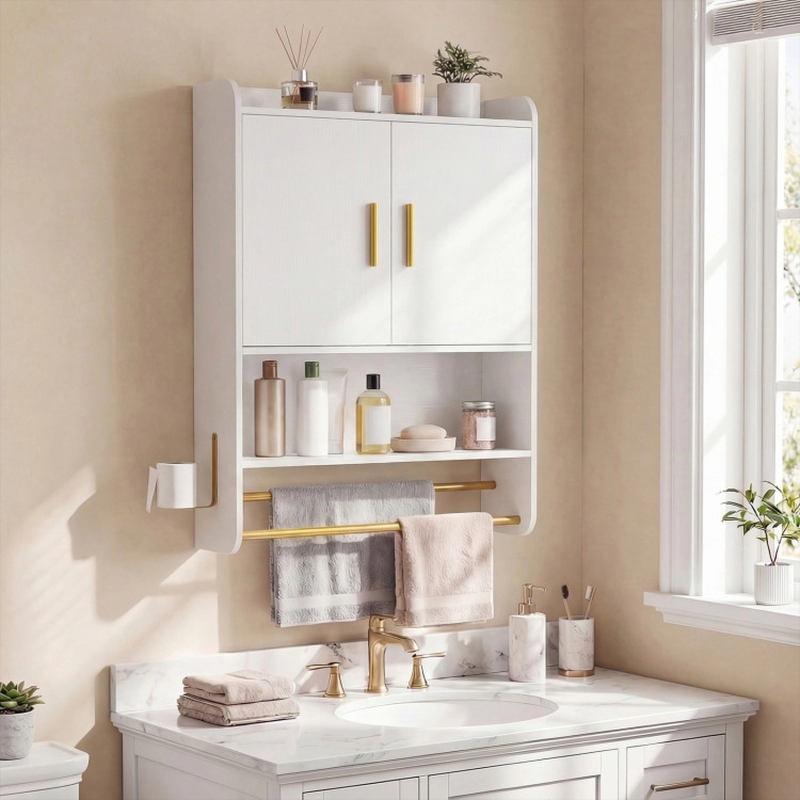 SUGIFT Wall Mounted Bathroom Medicine Cabinet with Adjustable Shelf and Towel Bars 44-lb Top Board Capacity Gray/White