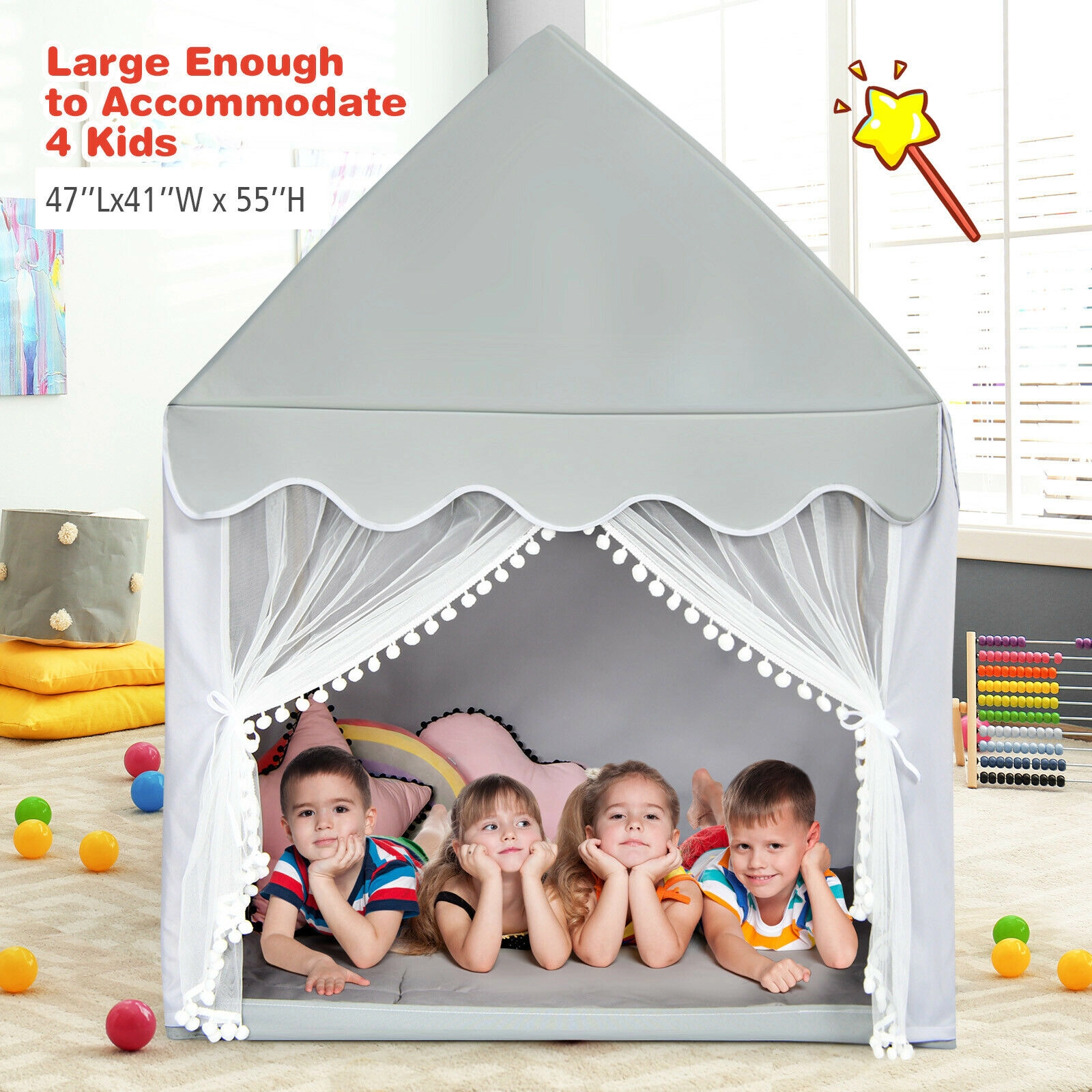 Kids Play Tent Indoor Castle Playhouse with Thick Cotton Mat and Mesh Door 47-in x 41-in x 55-in Gray