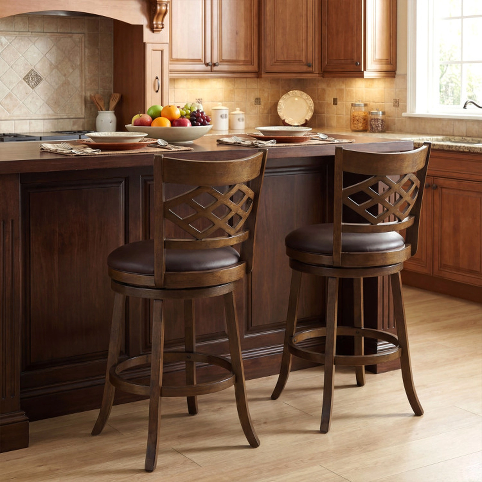 SUGIFT Round PVC Leather Seat and Rubber Wood Frame Set of 2 Brown Swivel Bar Stools