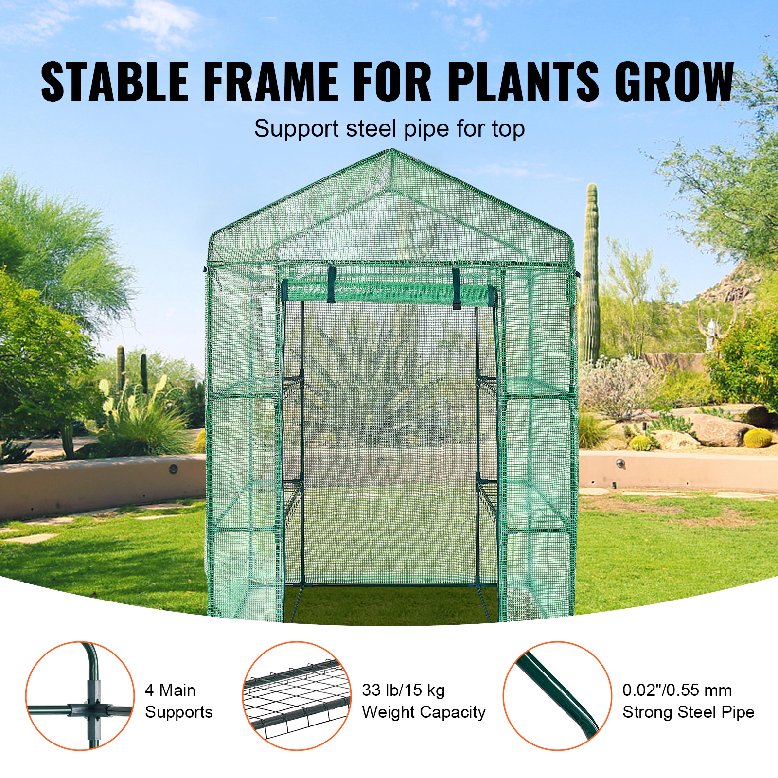 HONGGE Walk-In Greenhouse, 4.6 x 2.4 x 6.7 ft, Steel Frame with 4 Shelves & Roll-Up Zipper PE Cover