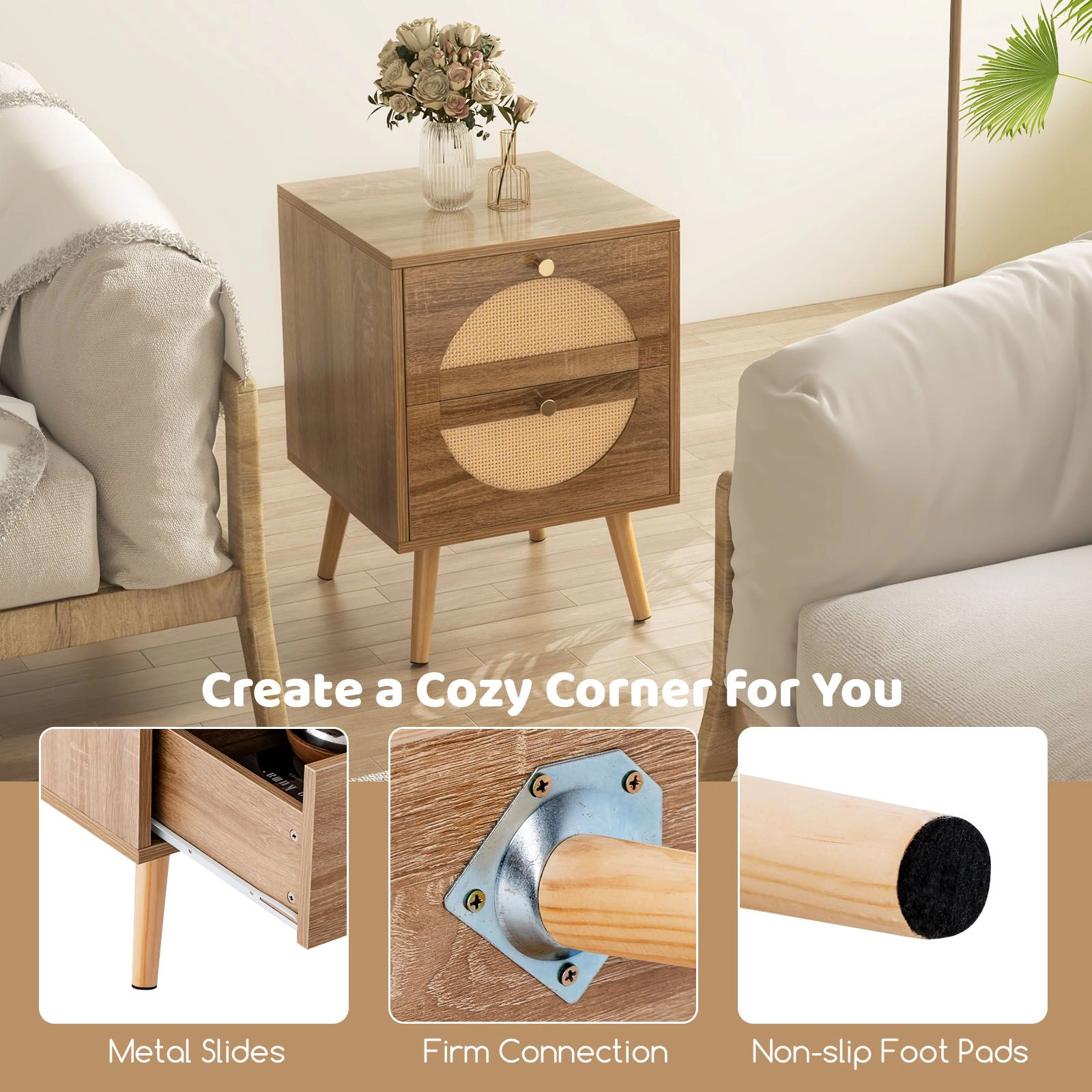 SlickBlue 2-Tier Rattan Nightstand with Two Drawers