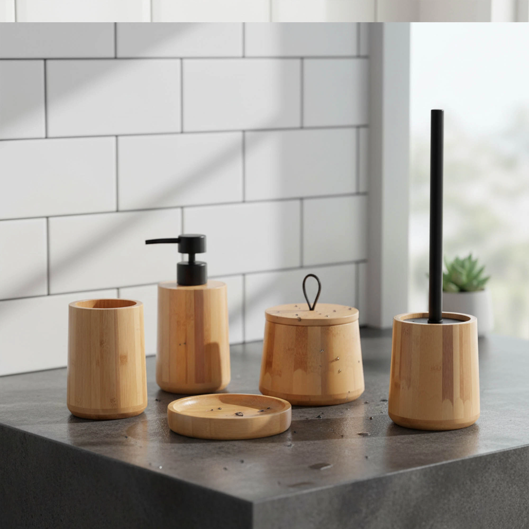 Evideco French Home Goods 10 oz Bamboo Soap Dispenser with Matte Black Pump