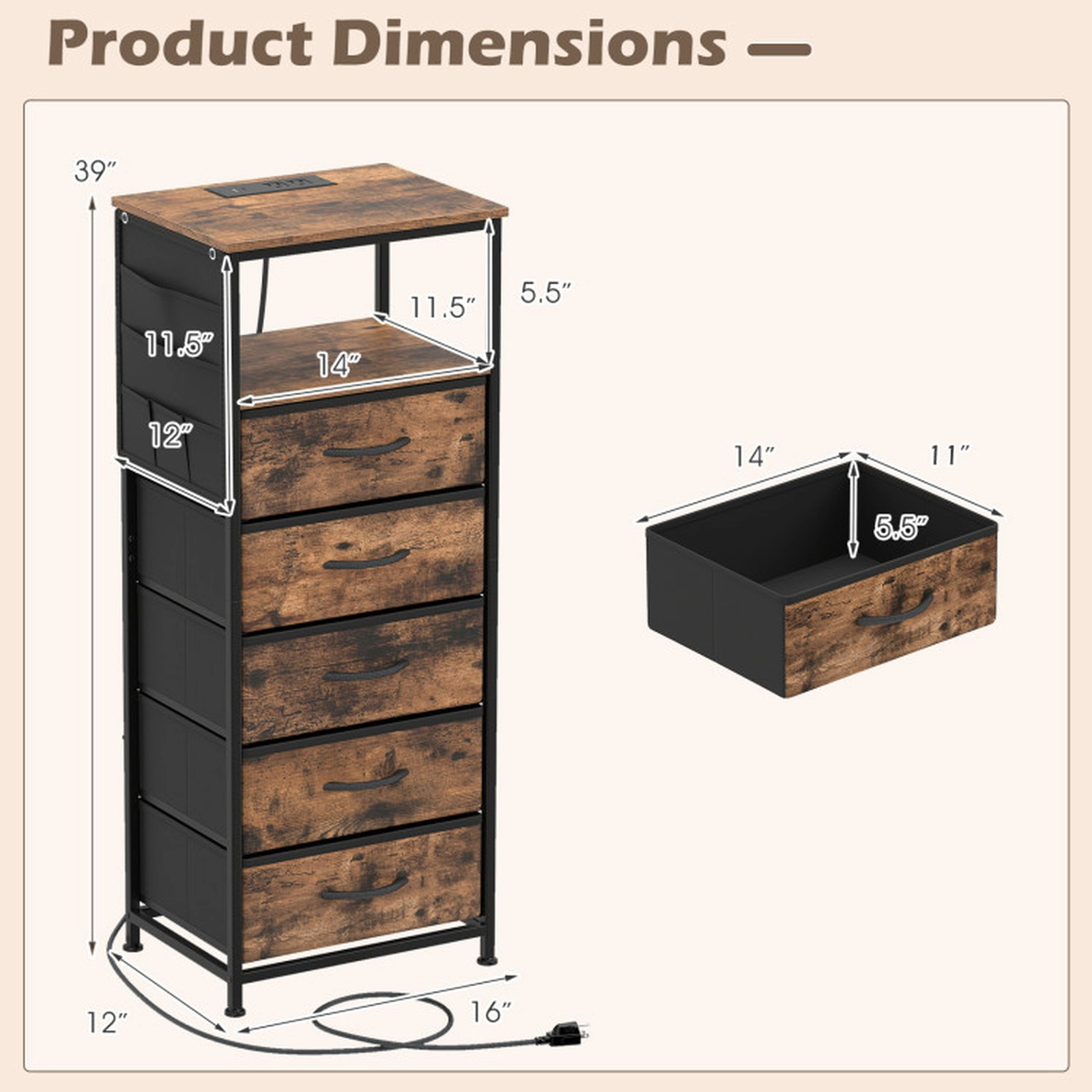 SUGIFT Nightstand Integrated Charging Station Modern Bedside Table 123-Lb Tabletop Capacity 39.4-in Tall Rustic Brown +