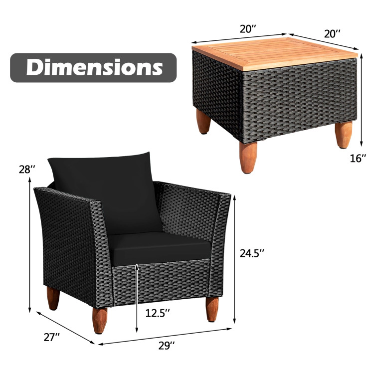 Hivvago 3 Pieces Outdoor Patio Wicker Furniture Set With Cushions And Acacia Wood Coffee Table