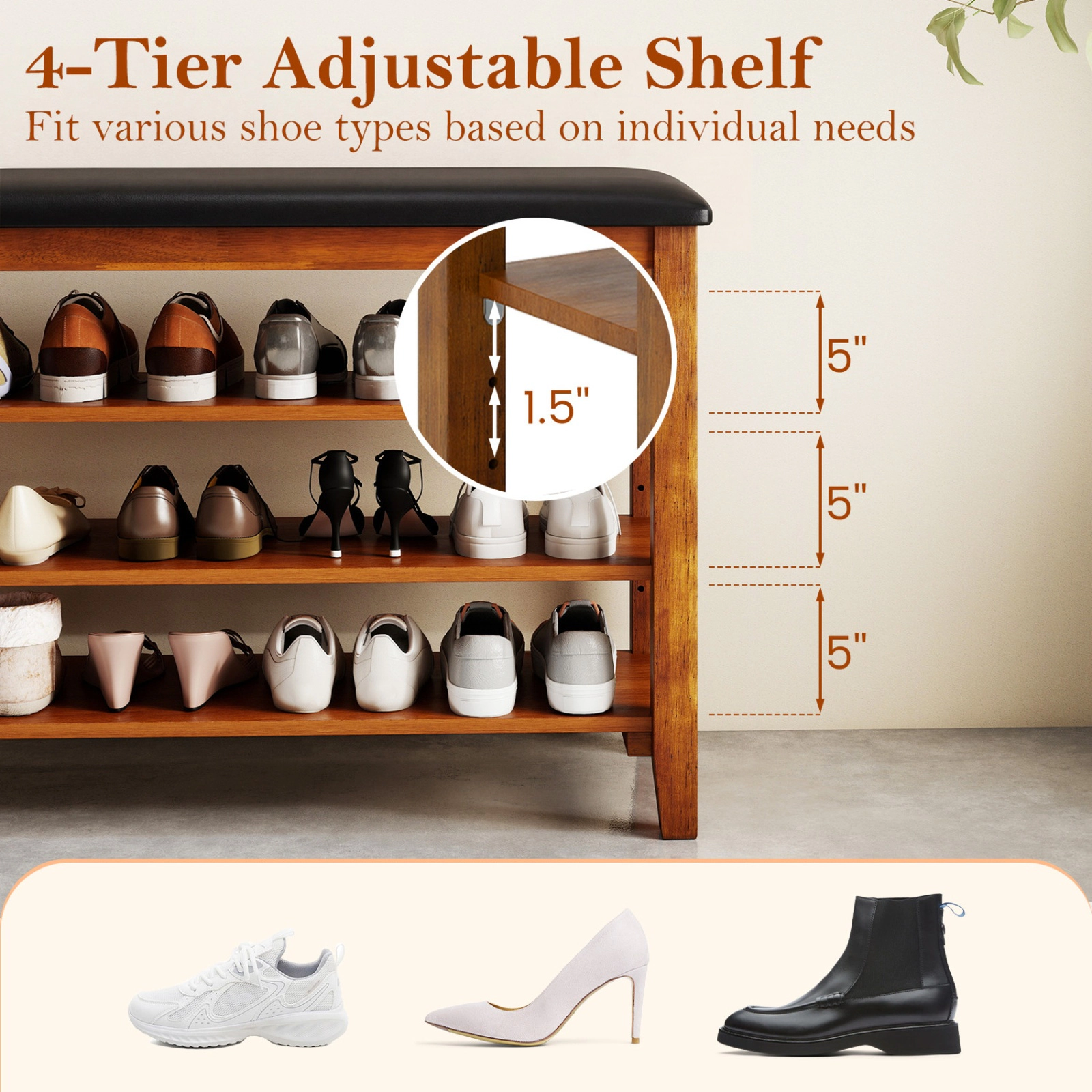 SUGIFT 3-Tier Shoe Rack Bench with Adjustable Shelves and Soft Cushion 31.5-in Frame 300-lb Top Capacity Brown + Black