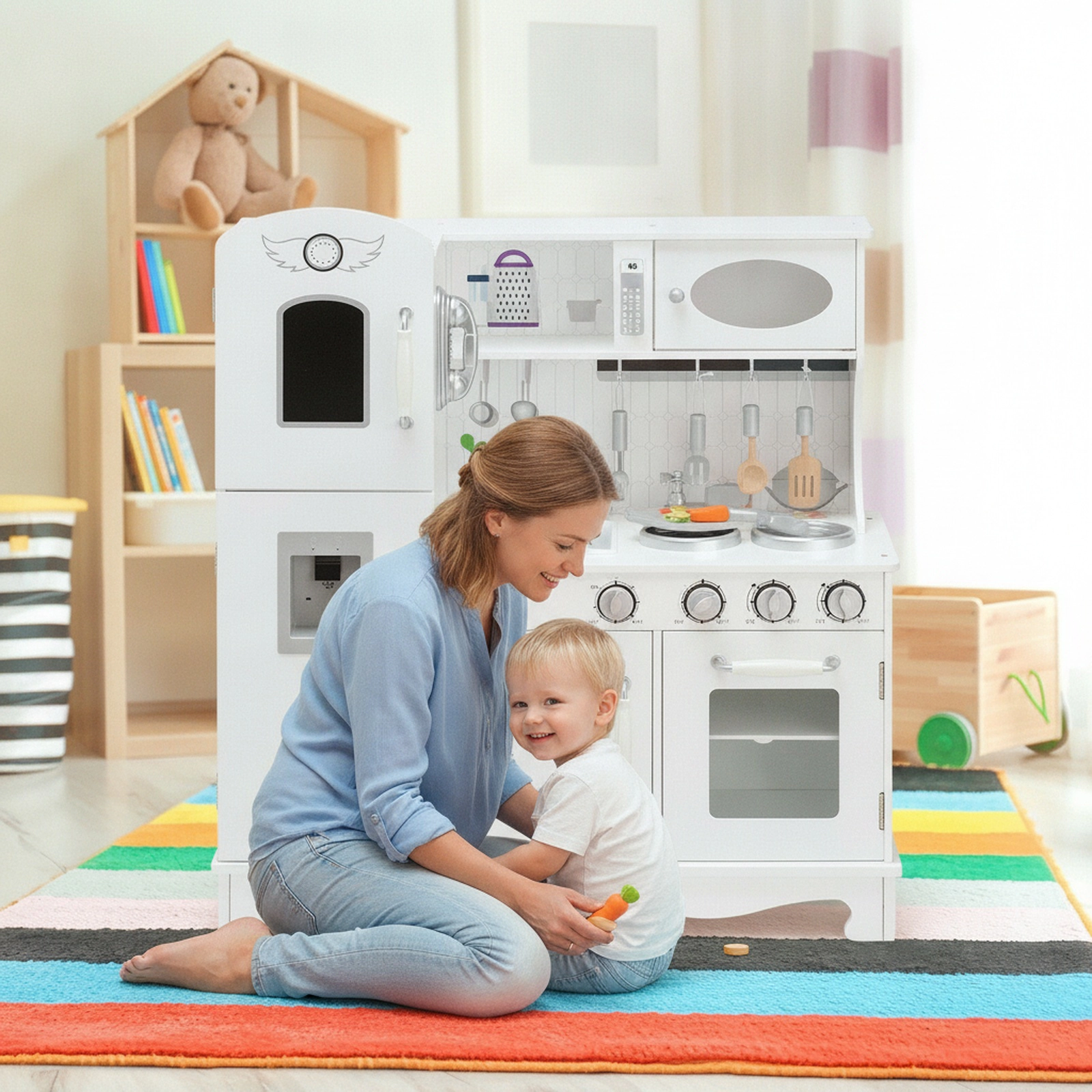 Kids Play Kitchen Water Dispenser Removable Sink Snap-On Doors 31-in Wide Kitchen Toy Set for Two Children Ages 3+ White