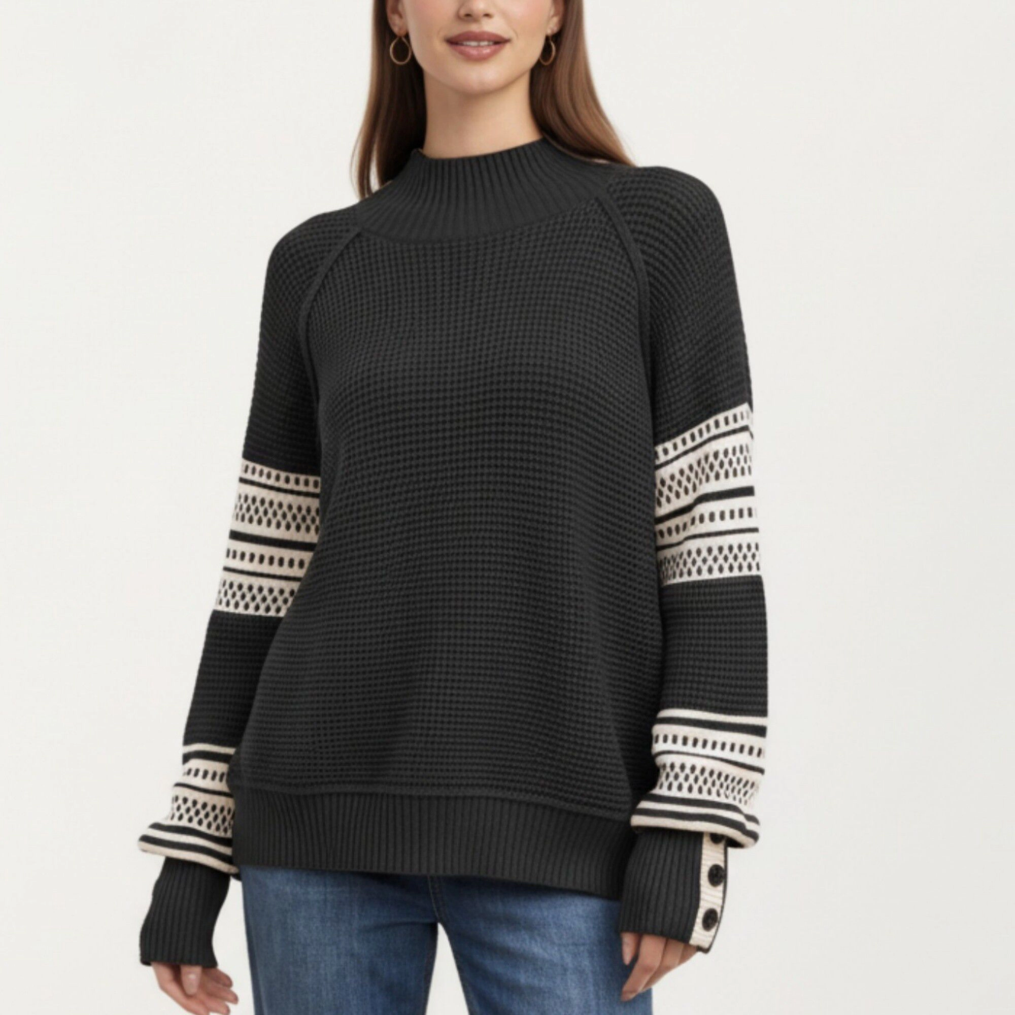 Anna-Kaci Women's Waffle Stitch Patterned Sleeve Mock Neck Long Knit Pullover Top