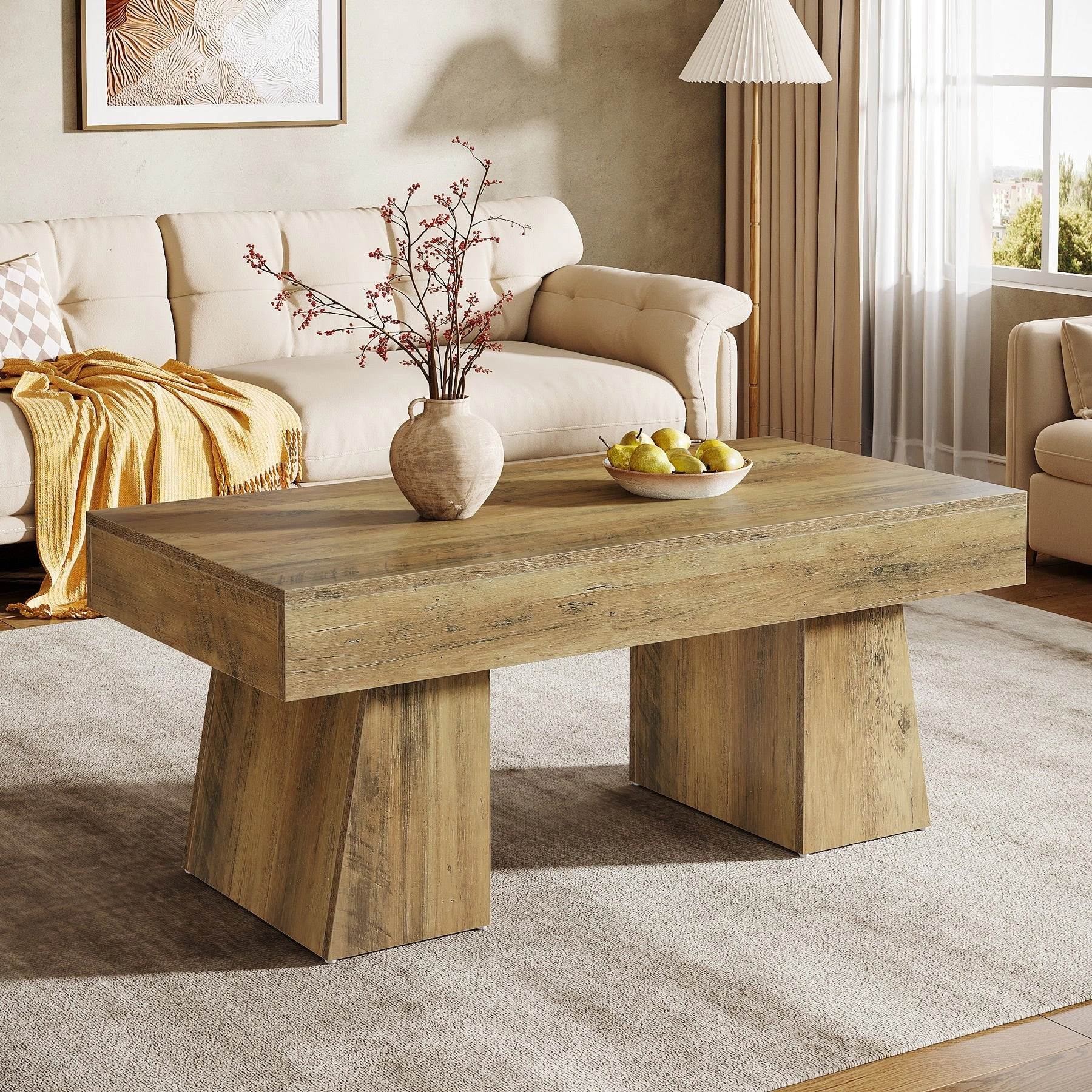 Tribesigns 47" Coffee Table Farmhouse Light Brown Wood Rectangular Living Room Table