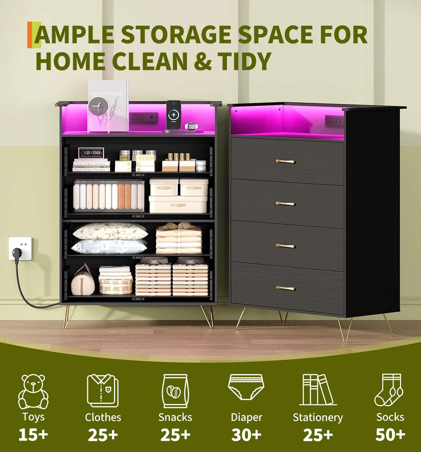 4 Drawer Dresser with Power Outlets & RGB LED Lights, Tall Modern Wood Storage Chest App Control