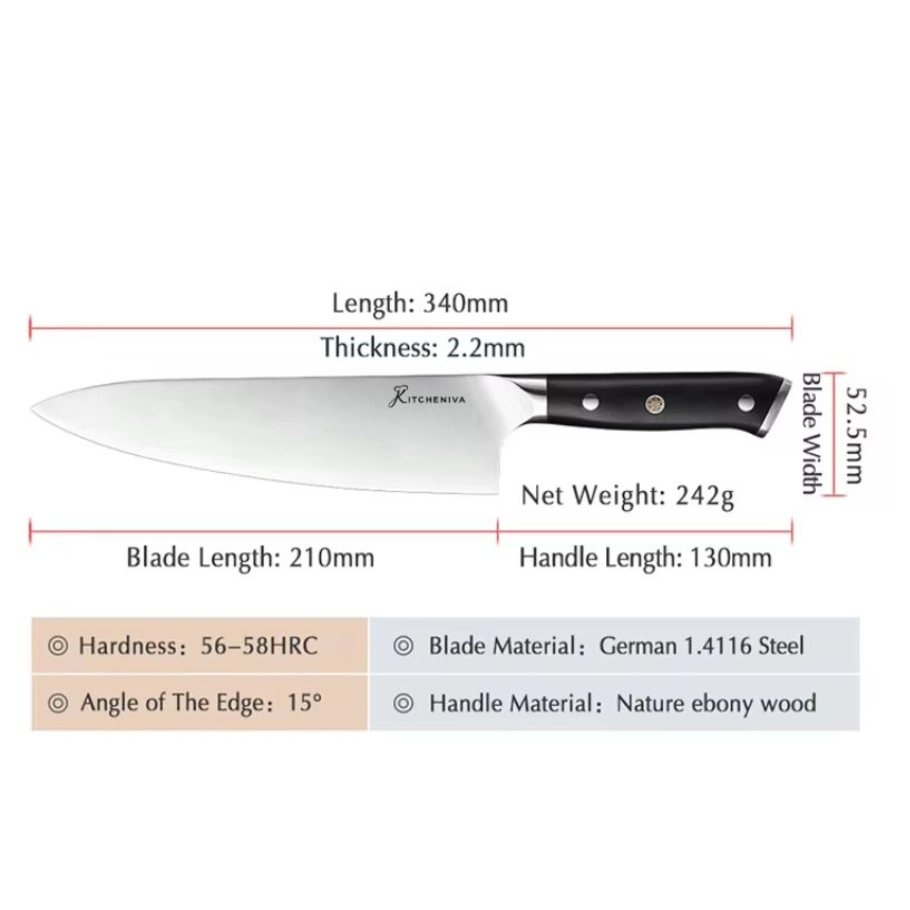 Kitcheniva 3-Piece German Stainless Steel Kitchen Knife Set With Ebony Wood Handle