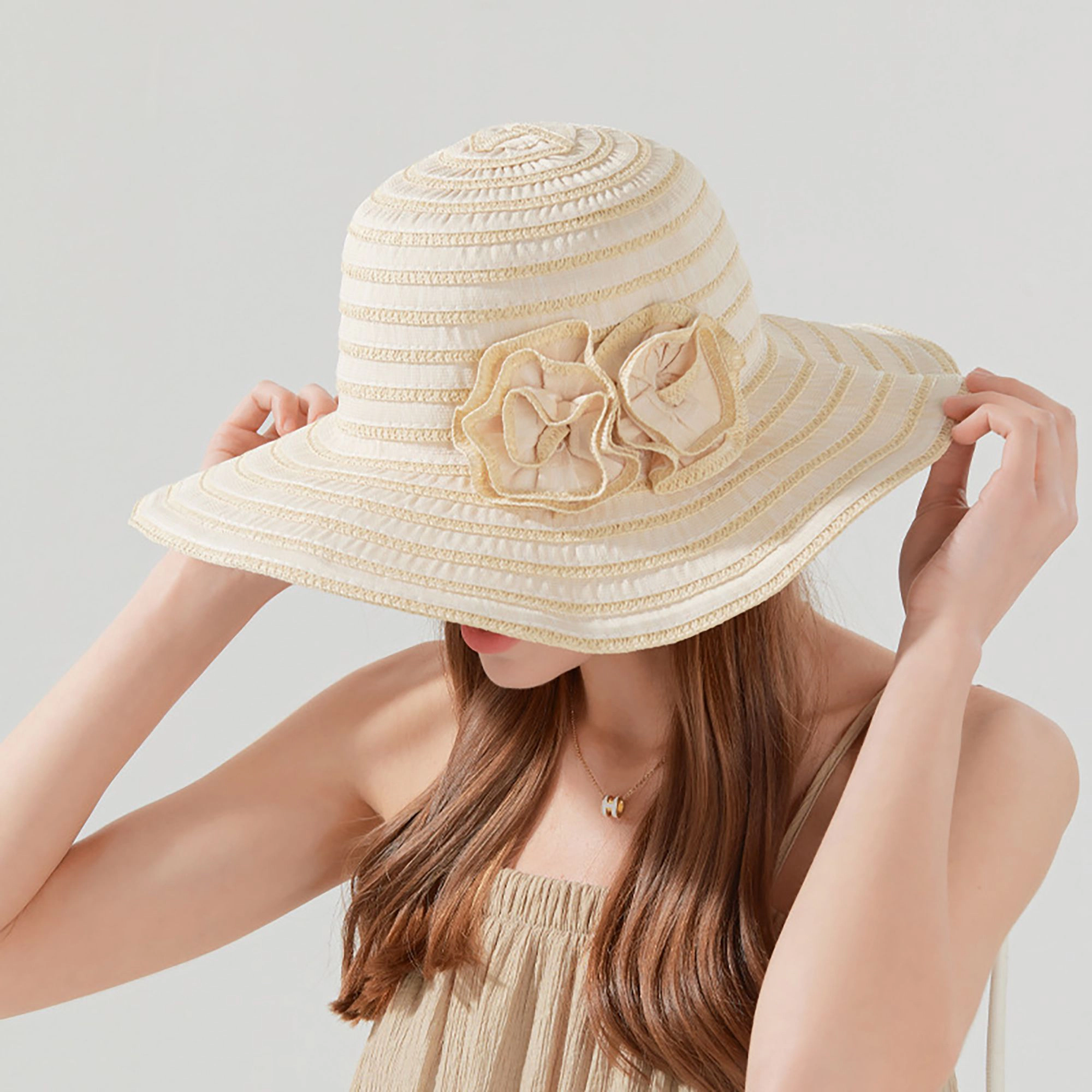Anna-Kaci Womens Straw Sun Hat with Floral Accent Summer Beach Adjustable Chin Strap