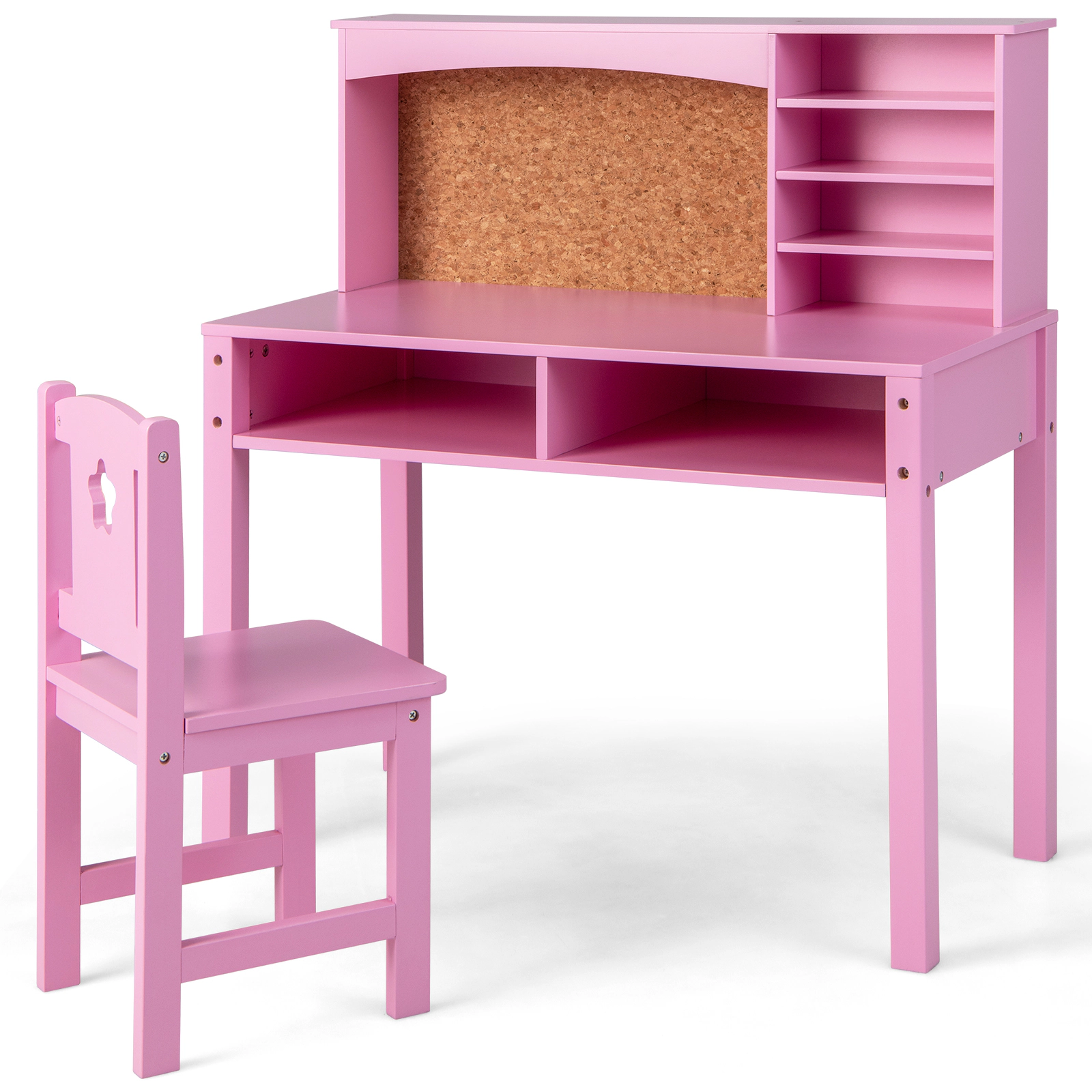 SUGIFT Kids Desk and Chair Set with Hutch and Cork Bulletin Board 44-lb Desk 88-lb Chair Ages 3+ Pink/White