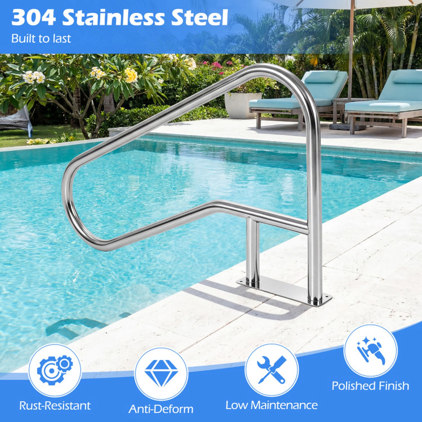 SUGIFT Curved Pool Handrail with Mount Base Plate for Swimming Pools and Hot Tubs Silver
