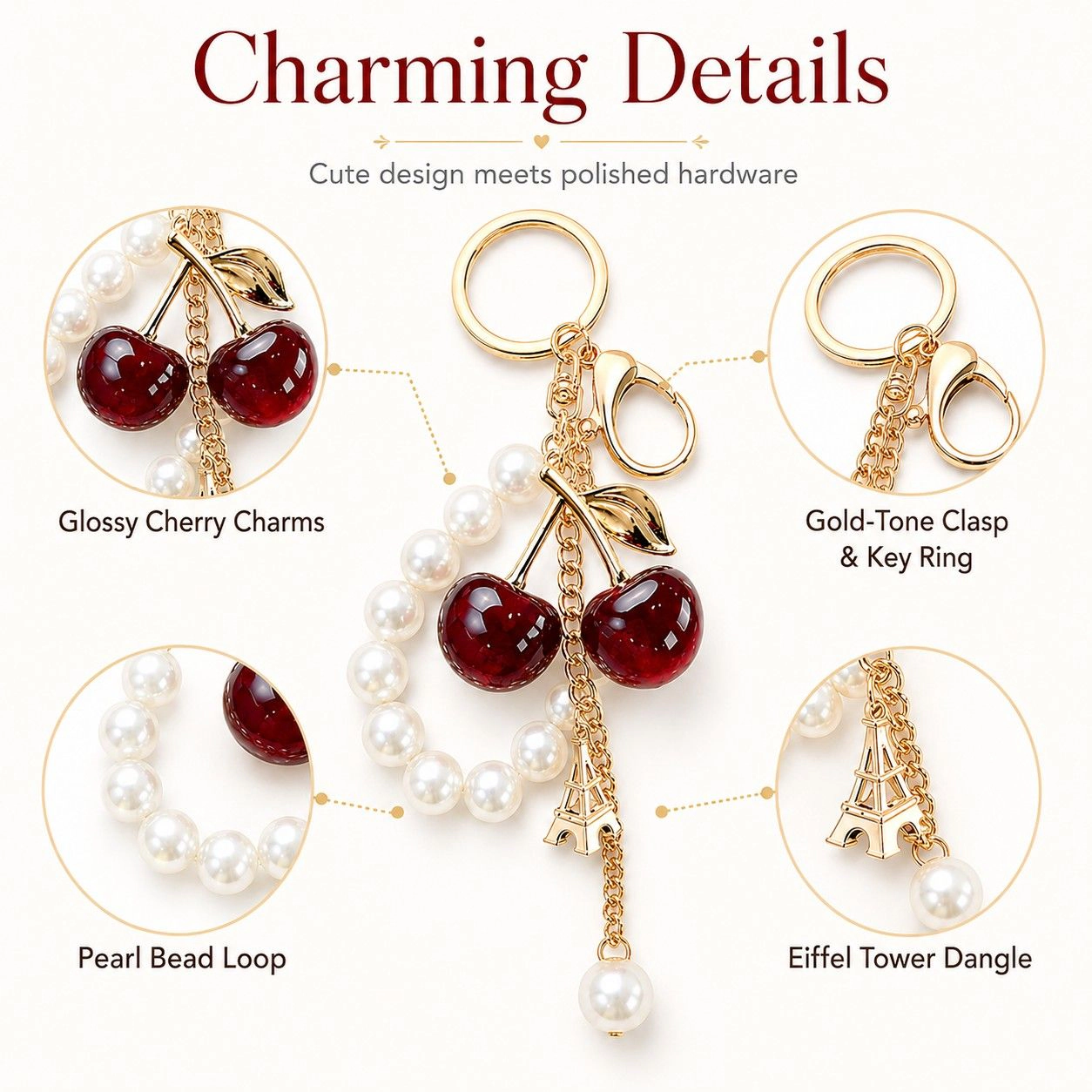 Alilang Women's Cherry Bag Charm Keychain with Faux Pearl Loop and Gold-Tone Clips, Burgundy