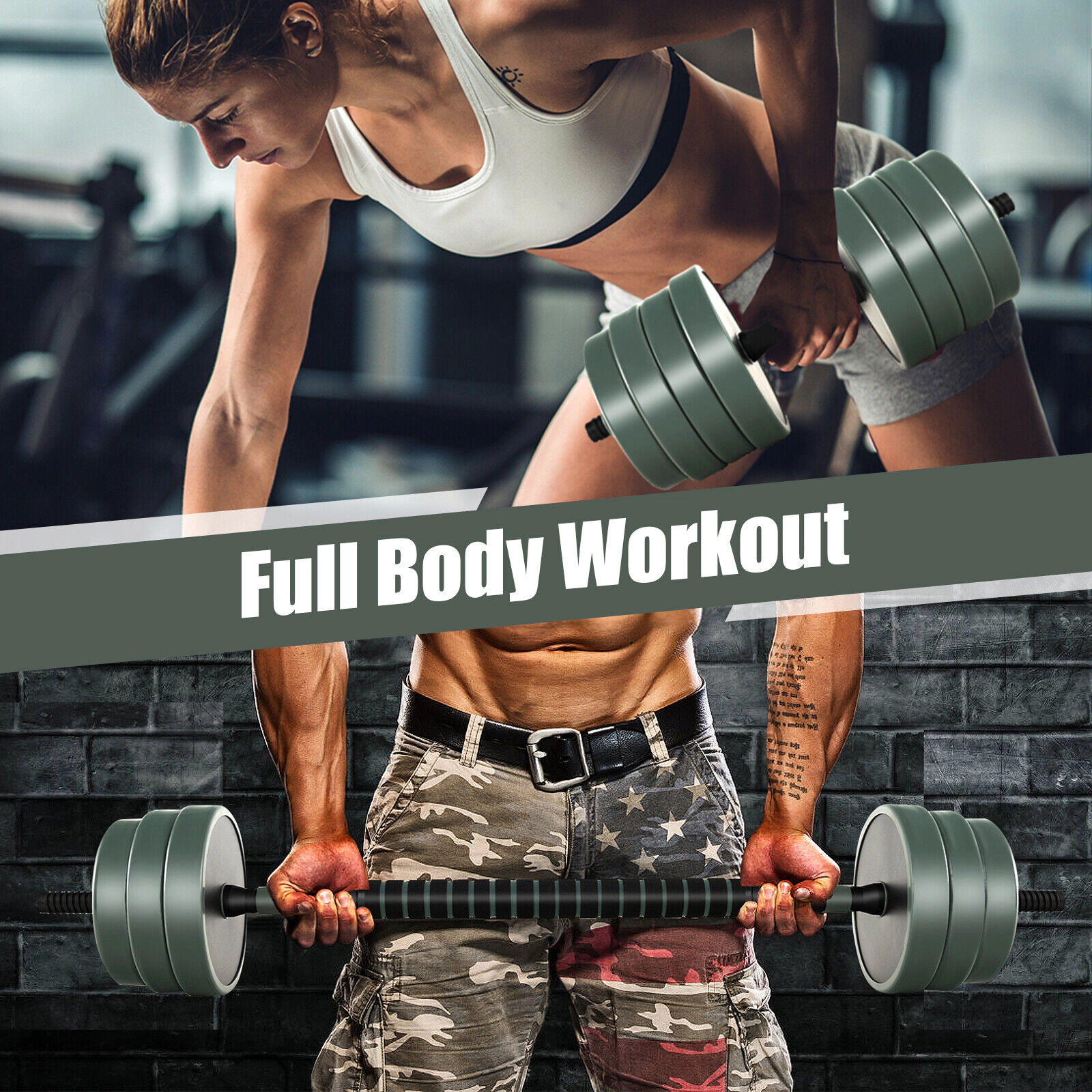 SUGIFT 4-in-1 Adjustable Dumbbell Barbell Kettlebell Free Weight Set 12 Plates 16-in Bars 47-lb Total Black + Gray