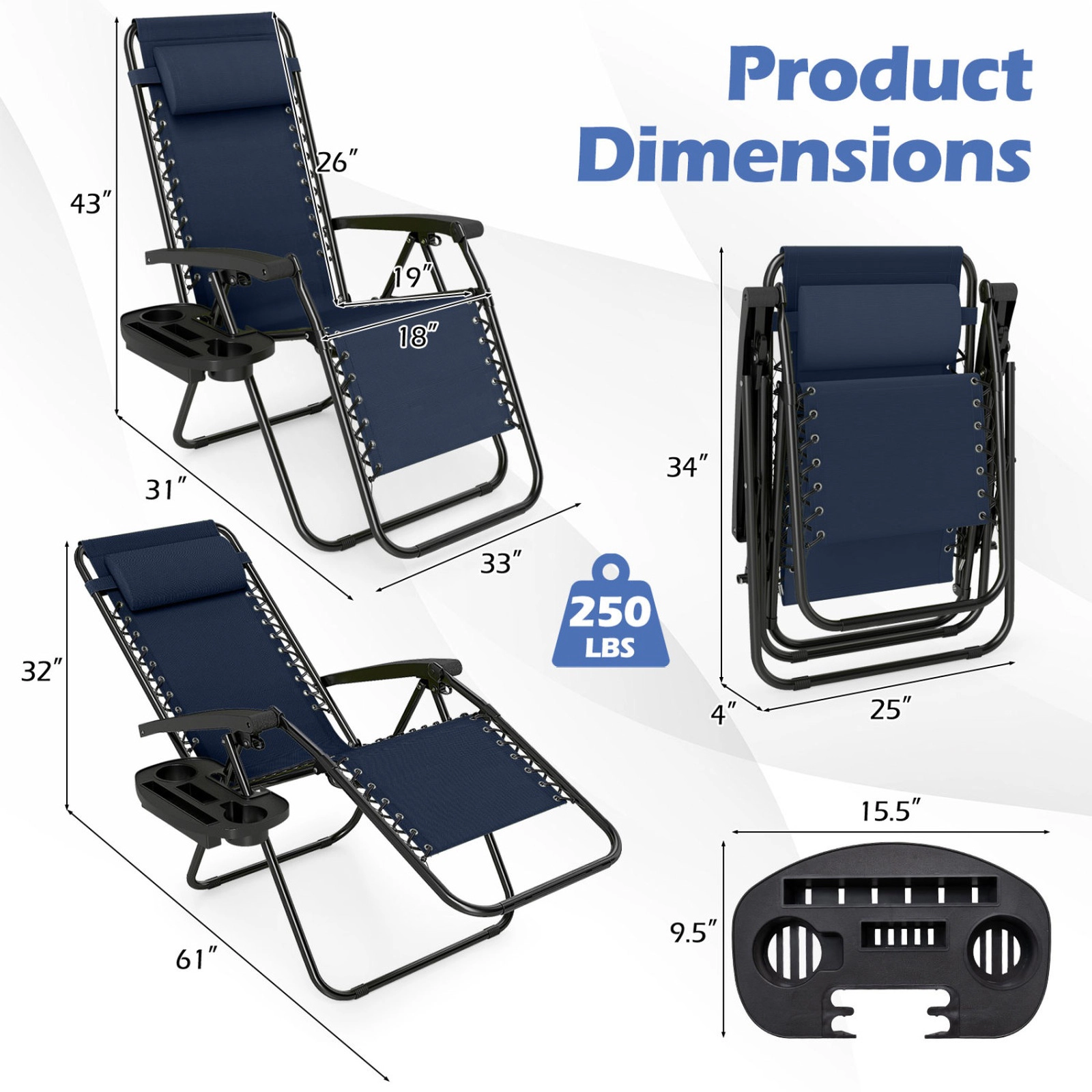 SUGIFT Cup Holder Trays and Head Pillows Set of 2 Portable Folding Zero Gravity Chairs