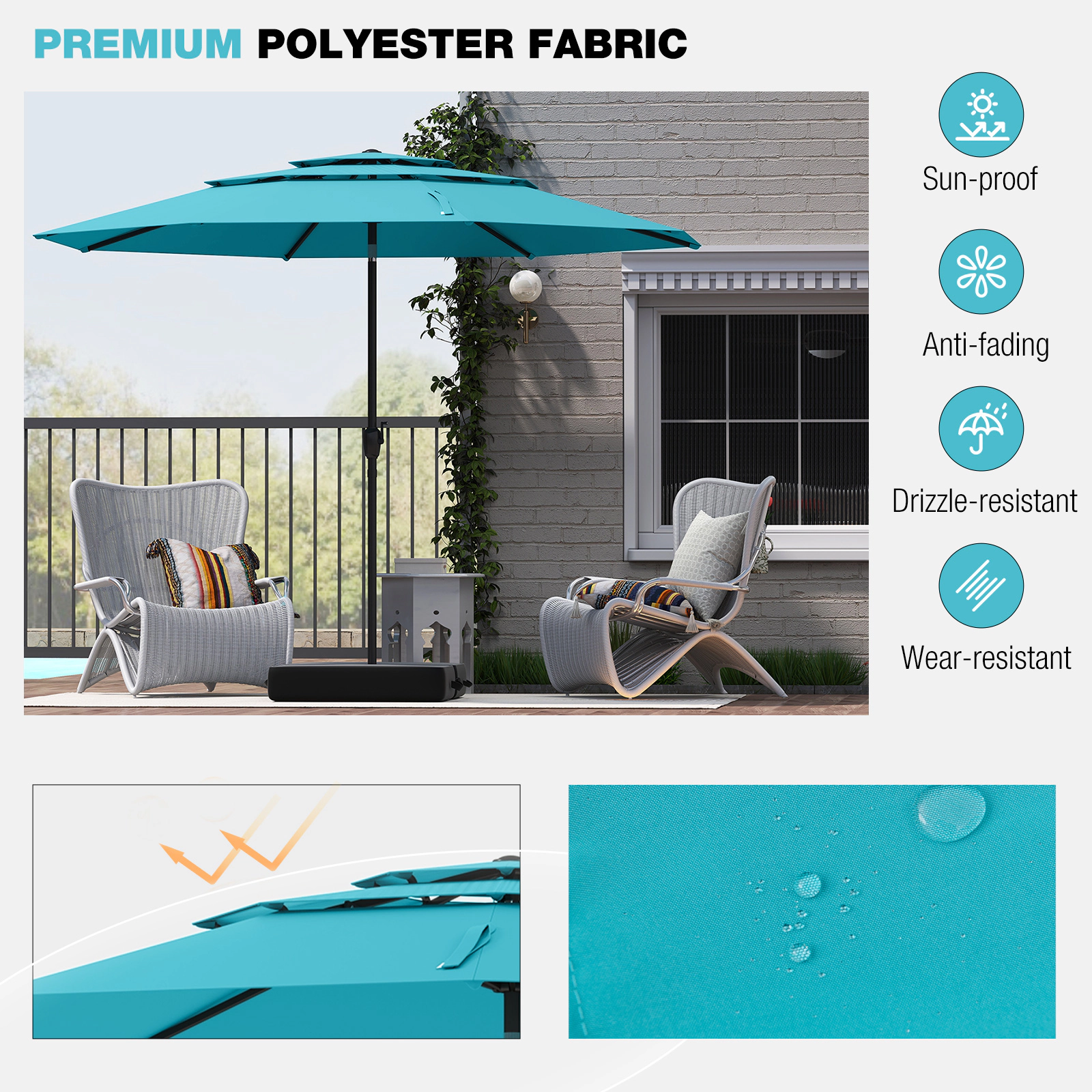 SUGIFT 10-ft Turquoise 3-Tier Vented Patio Umbrella with Crank Lift Tilt Button and 8 Thickened Ribs