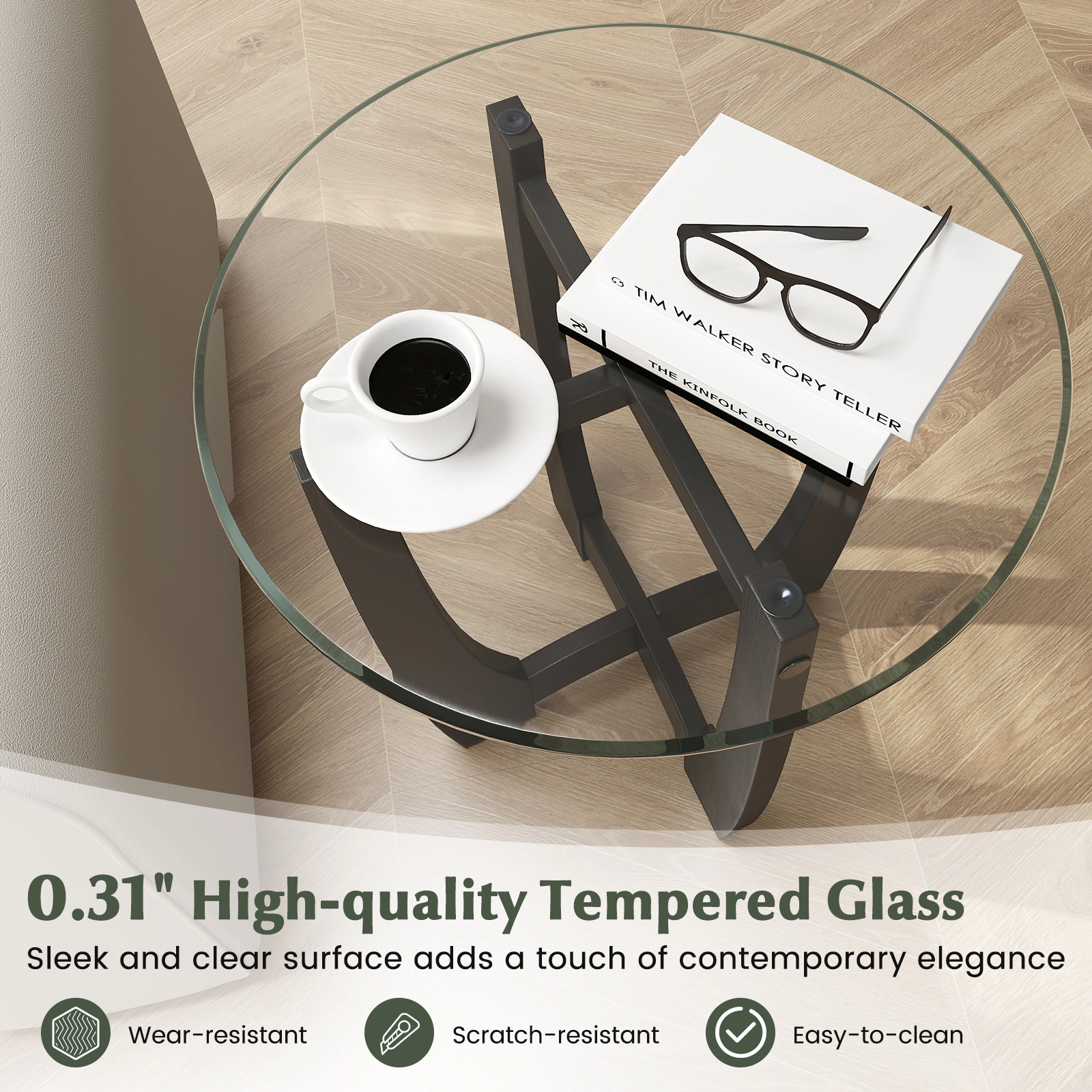 SlickBlue Round Glass Accent Table, X-Shaped Wooden Frame, Tempered Glass Top for Living Room Bedroom