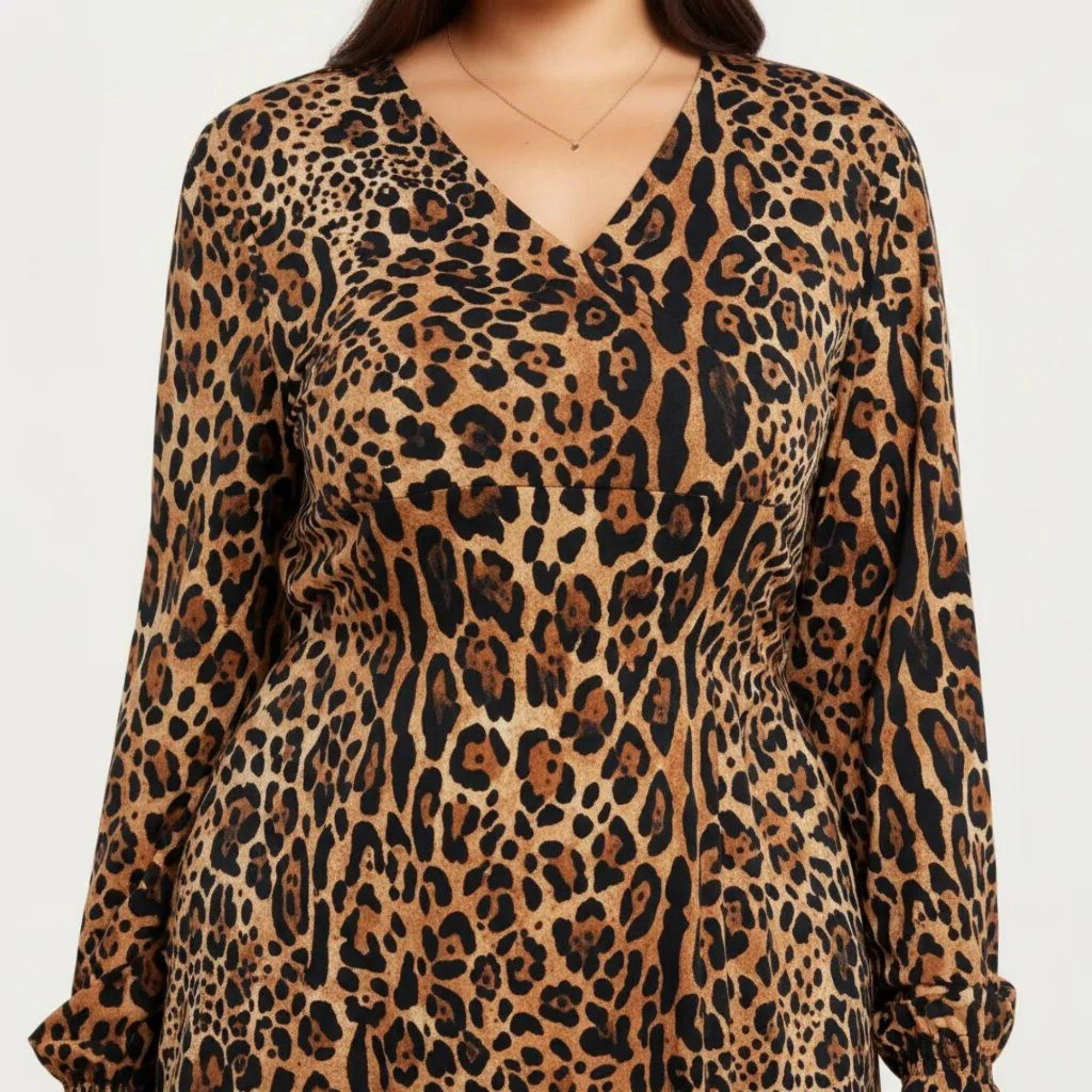 Anna-Kaci Women's Long Sleeve Leopard Print V Neck Elastic Waist Flowy A Line Fit Casual Midi Dress