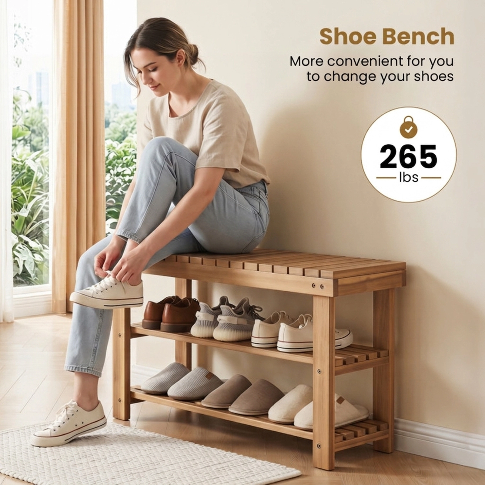 SUGIFT Slatted Shelves Natural 3-Tier Solid Teak Wood Shoe Rack Bench
