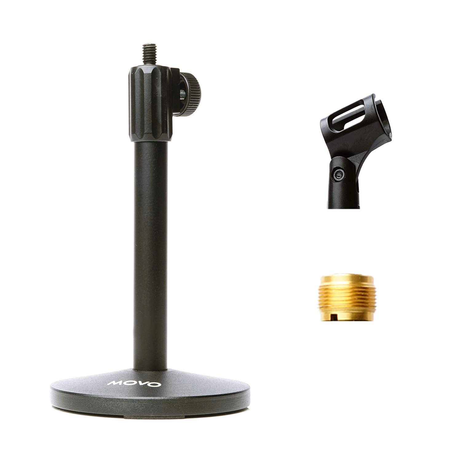 Movo TMC-3 Small Adjustable Table Mic Stand with Round Base and Universal Mic Clip. Table Top Mic Stand Height is
