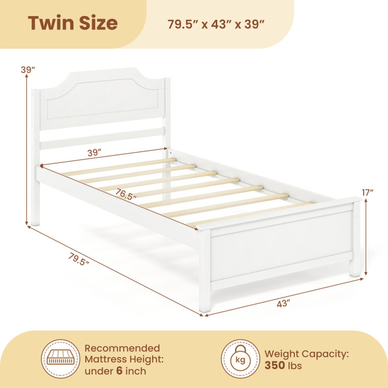 SUGIFT Twin Size Solid Pine Wood Panel Headboard Platform Bed Frame 79.5-in x 43-in x 39-in 350-lb Capacity White