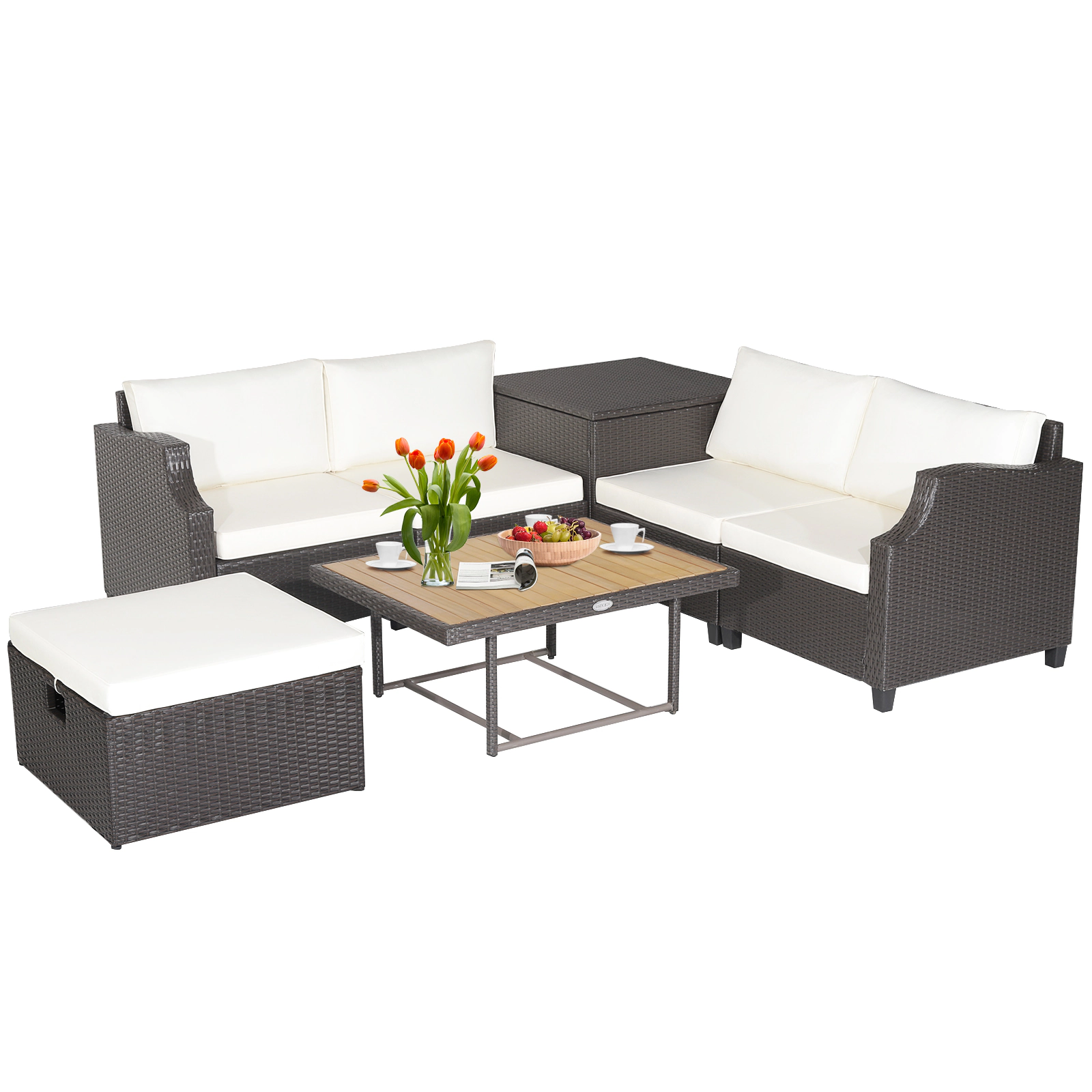 LJG 7 Pieces Hand-Woven Wicker Outdoor Furniture Set with Acacia Wood Coffee Table