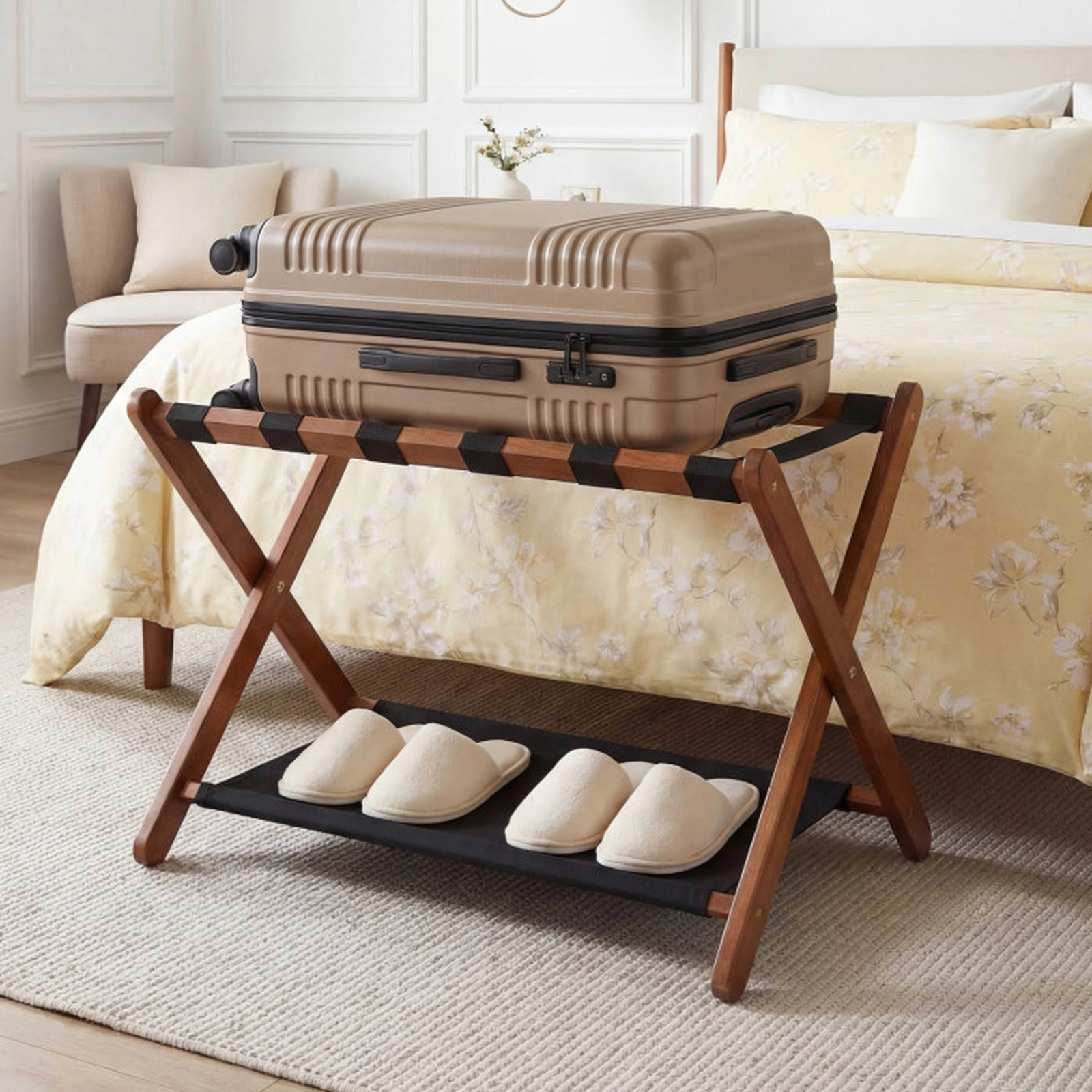 SUGIFT Brown 6 Nylon Straps and Bottom Shelf Solid Rubberwood Folding Luggage Rack