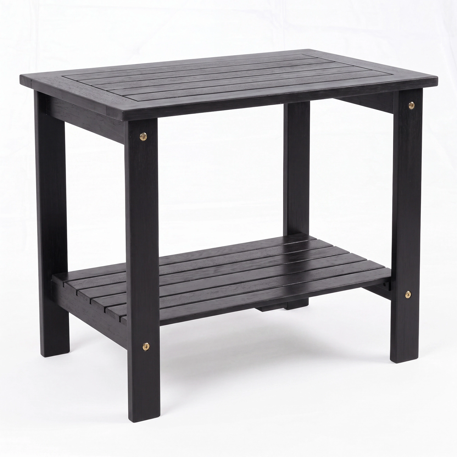 LJG 2-Tier Wood Patio End Table with Slatted Tabletop and Storage Shelf for Backyard