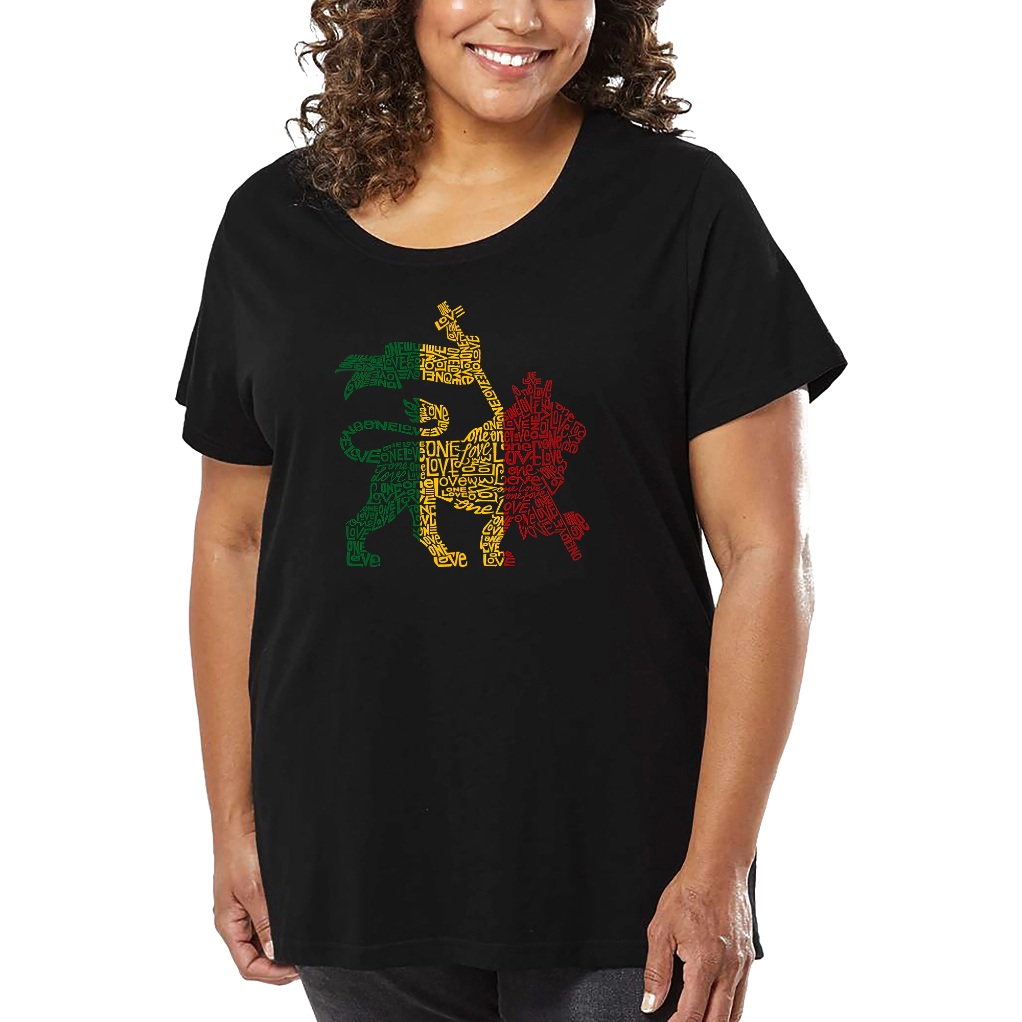 LA Pop Art Women's Plus Word T-Shirt - Rasta Lion-One Love