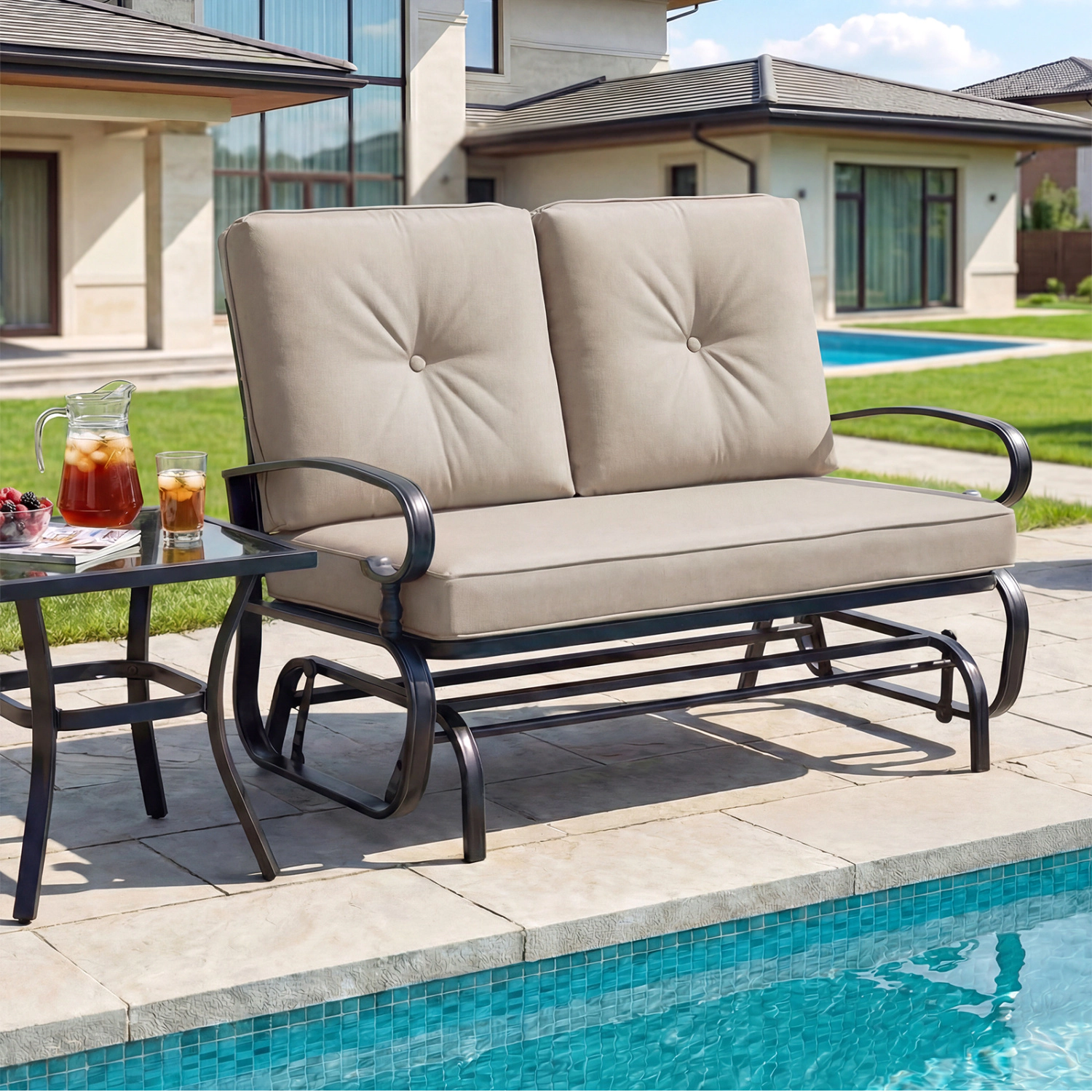 LJG 2 Seats Outdoor Swing Glider Chair with Comfortable Cushions