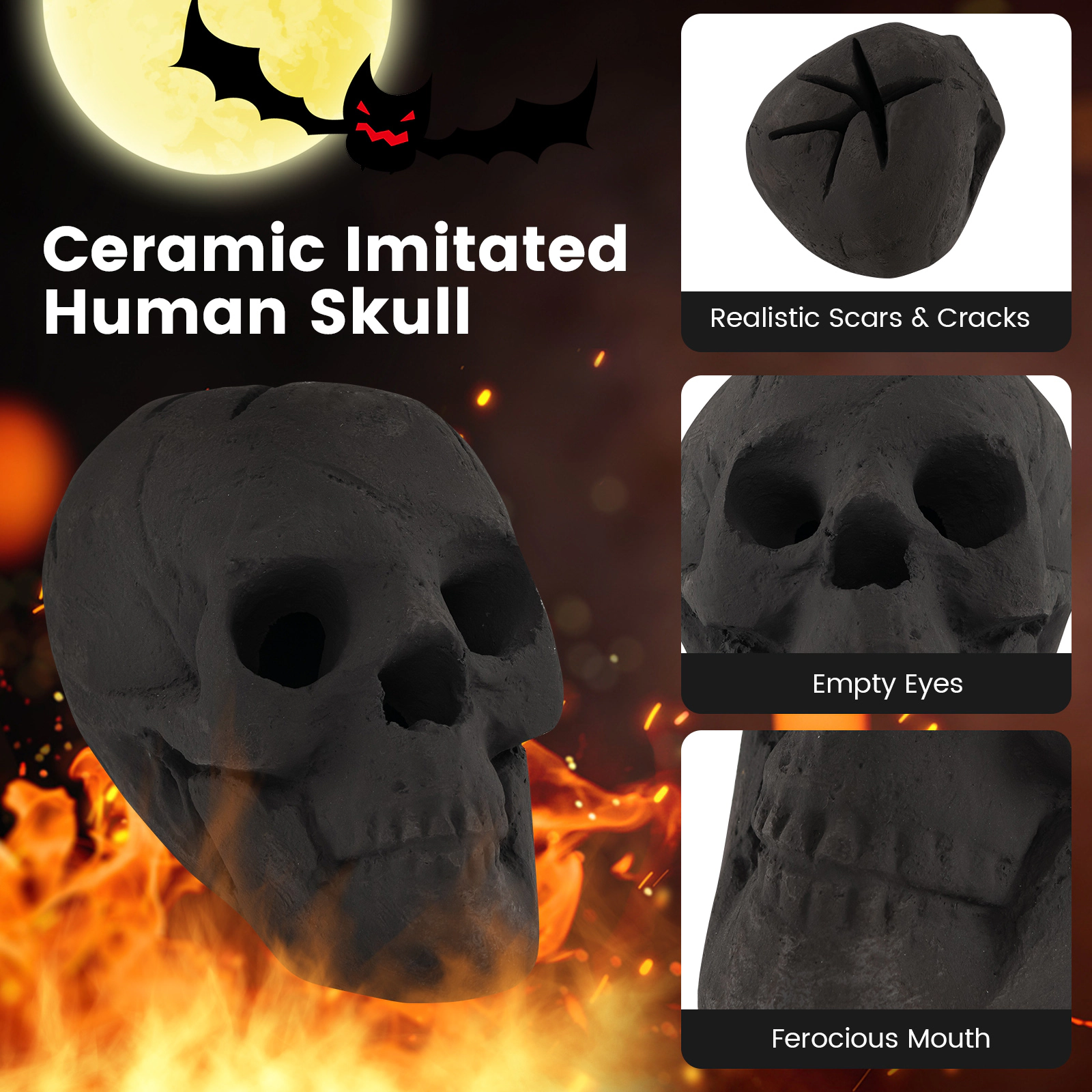 SUGIFT Charred Look Ceramic Fiber Open Eye Socket Halloween Fire Pit Skull 8.5-in x 6-in x 6-in 1.5-lb Black
