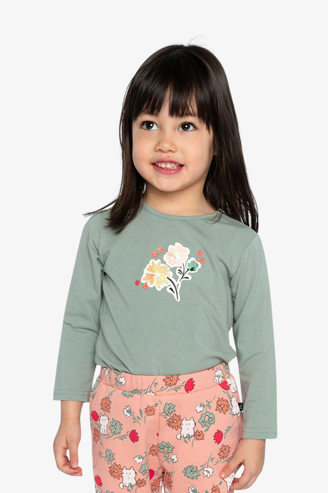 Deux par Girls Glittery Floral Bouquet Organic Cotton Long Sleeve T-Shirt