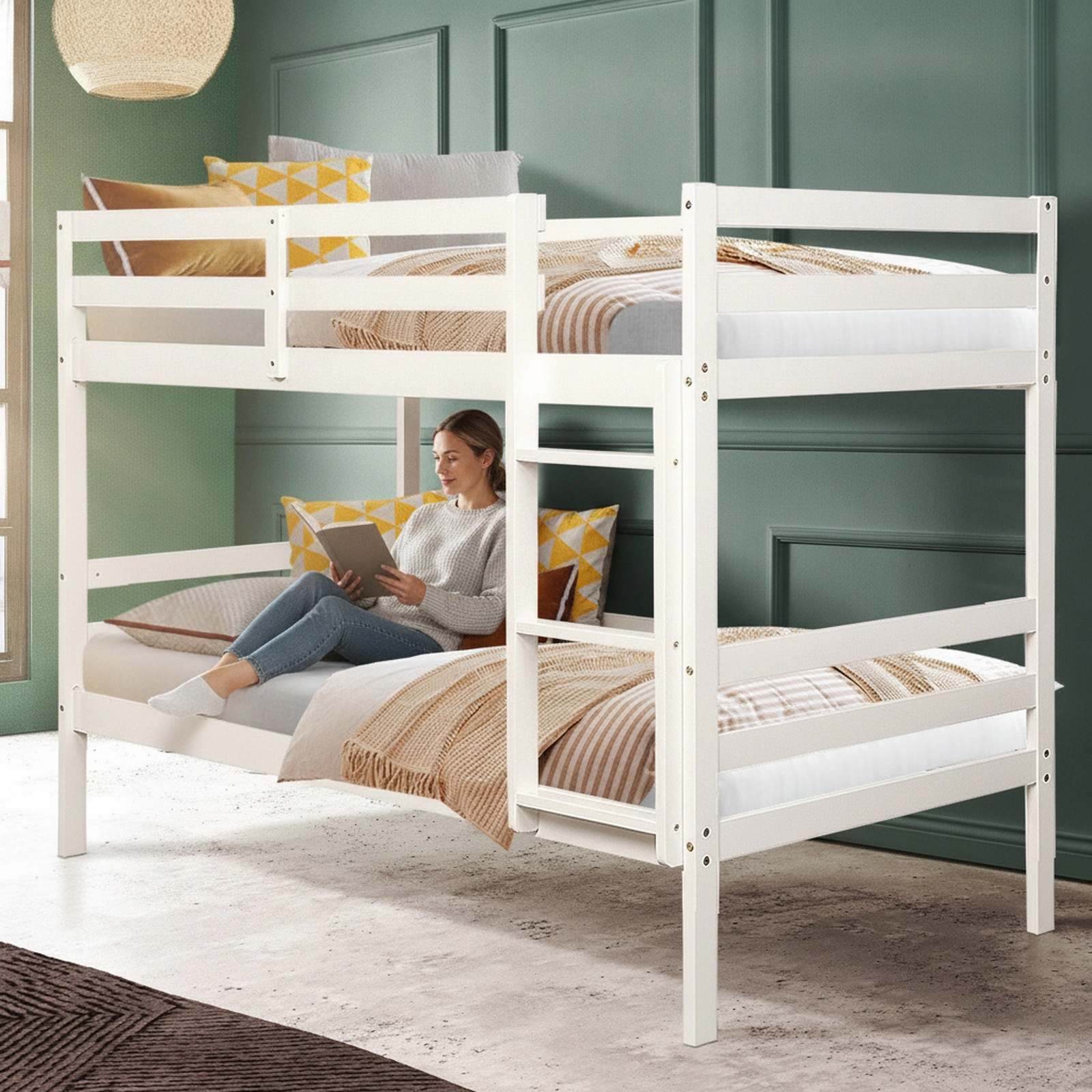 SUGIFT Twin-Over-Twin Bunk Bed, Solid Pine Wood, Guardrails, Wide Ladder, White